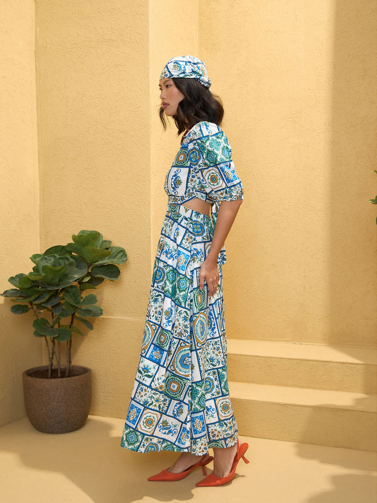 Women's Blue & White Floral Back Cut Out Maxi Dre