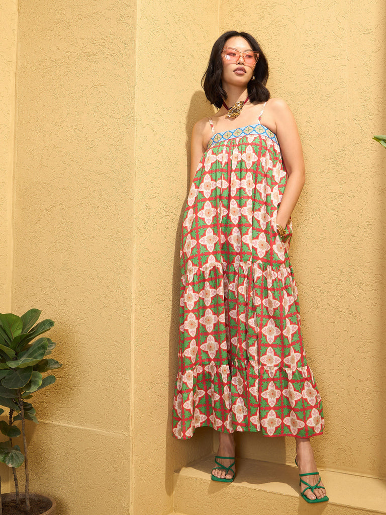 Women's Red Floral Strappy Smocked Maxi Dre