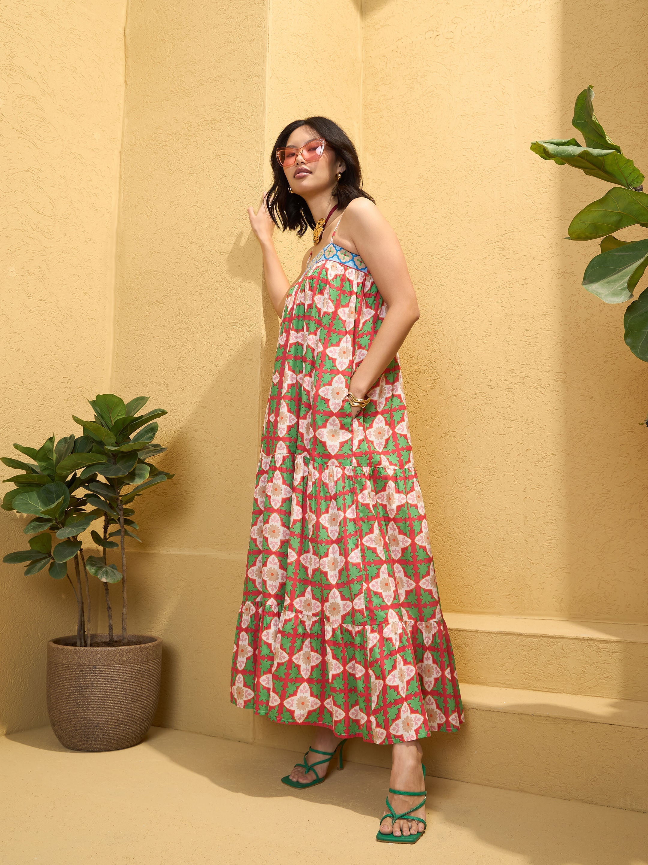 Women's Red Floral Strappy Smocked Maxi Dress-SASSAFRAS