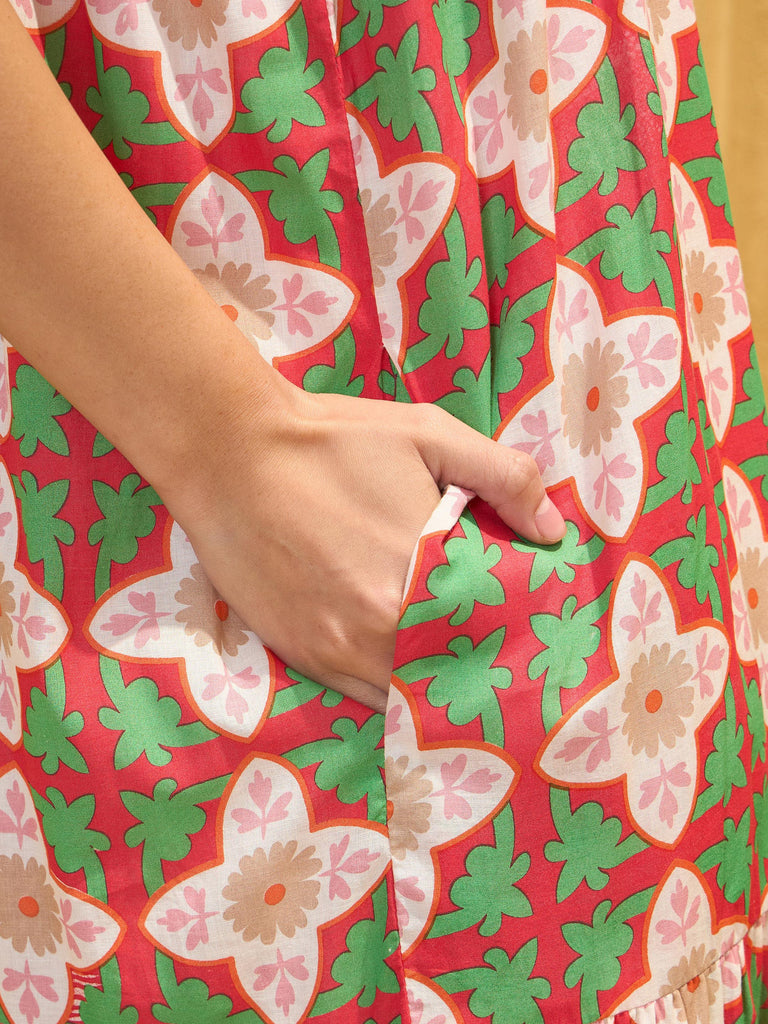 Women's Red Floral Strappy Smocked Maxi Dre