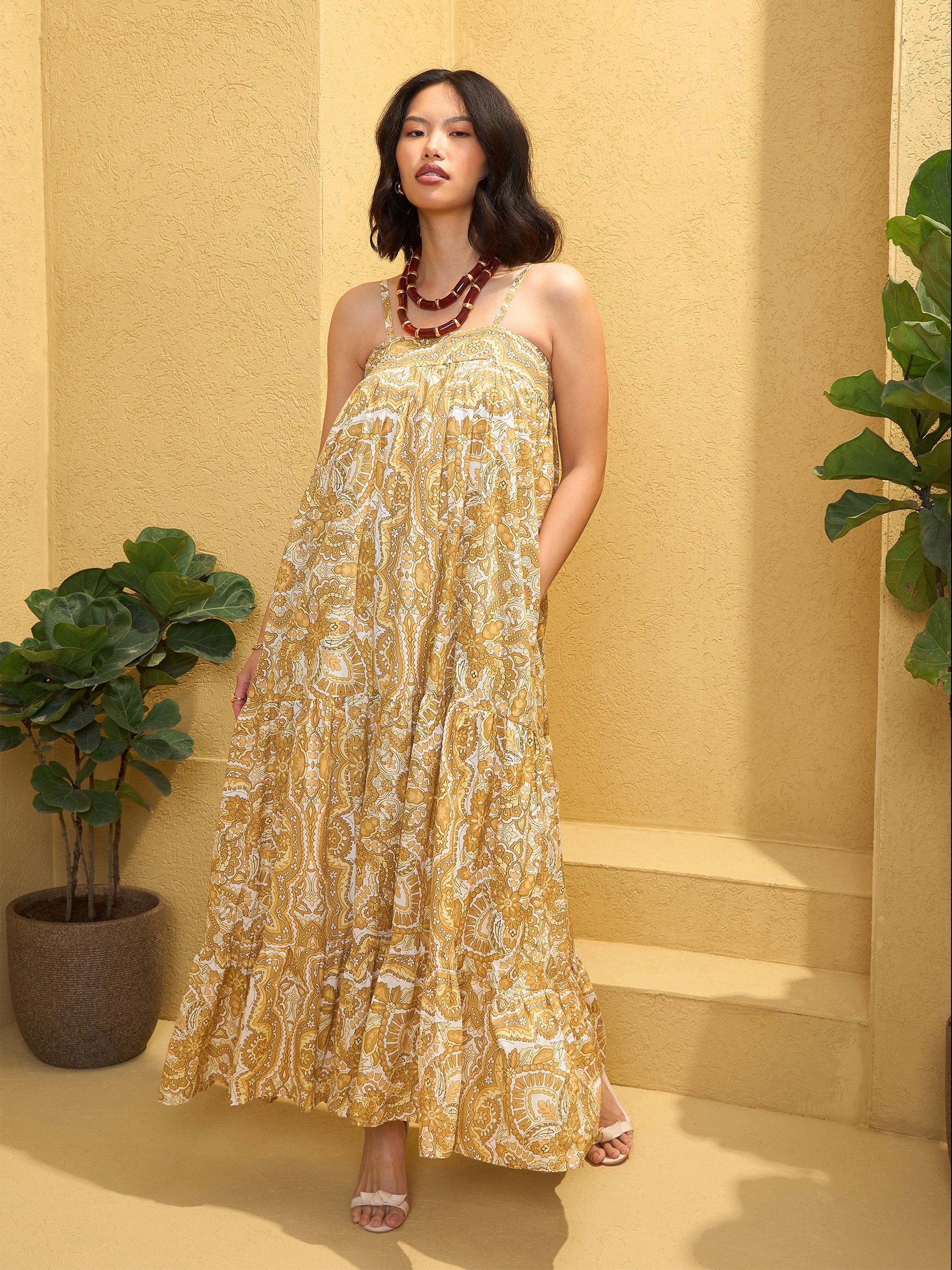 Women's Yellow Floral Strappy Smocked Maxi Dress-SASSAFRAS