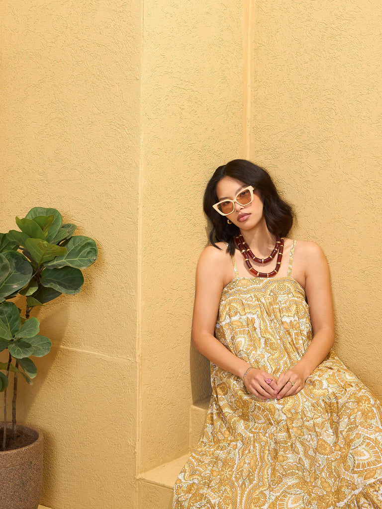 Women's Yellow Floral Strappy Smocked Maxi Dre