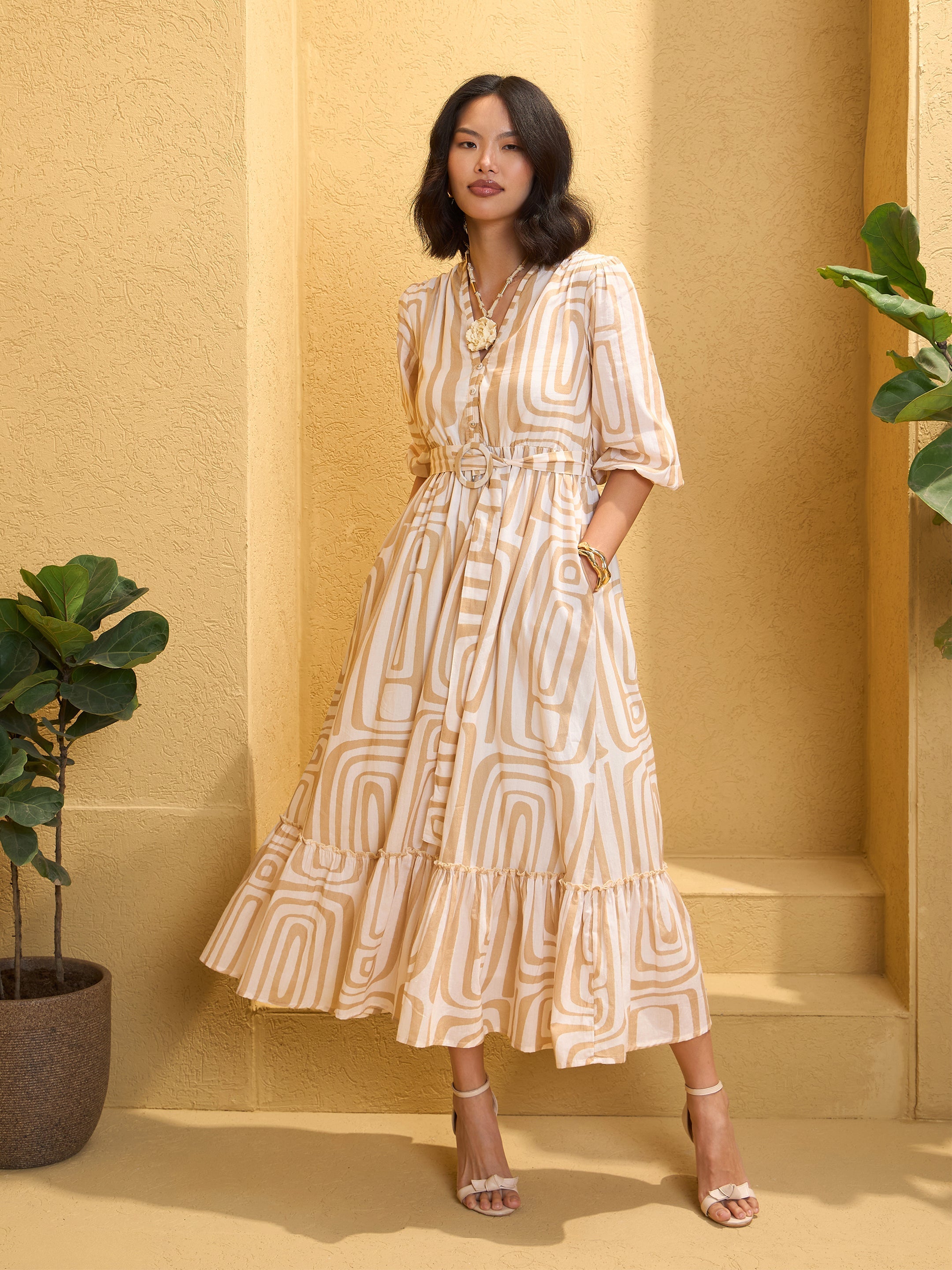 Women's Beige & White Geometric V-Neck Belted Maxi Dress-SASSAFRAS