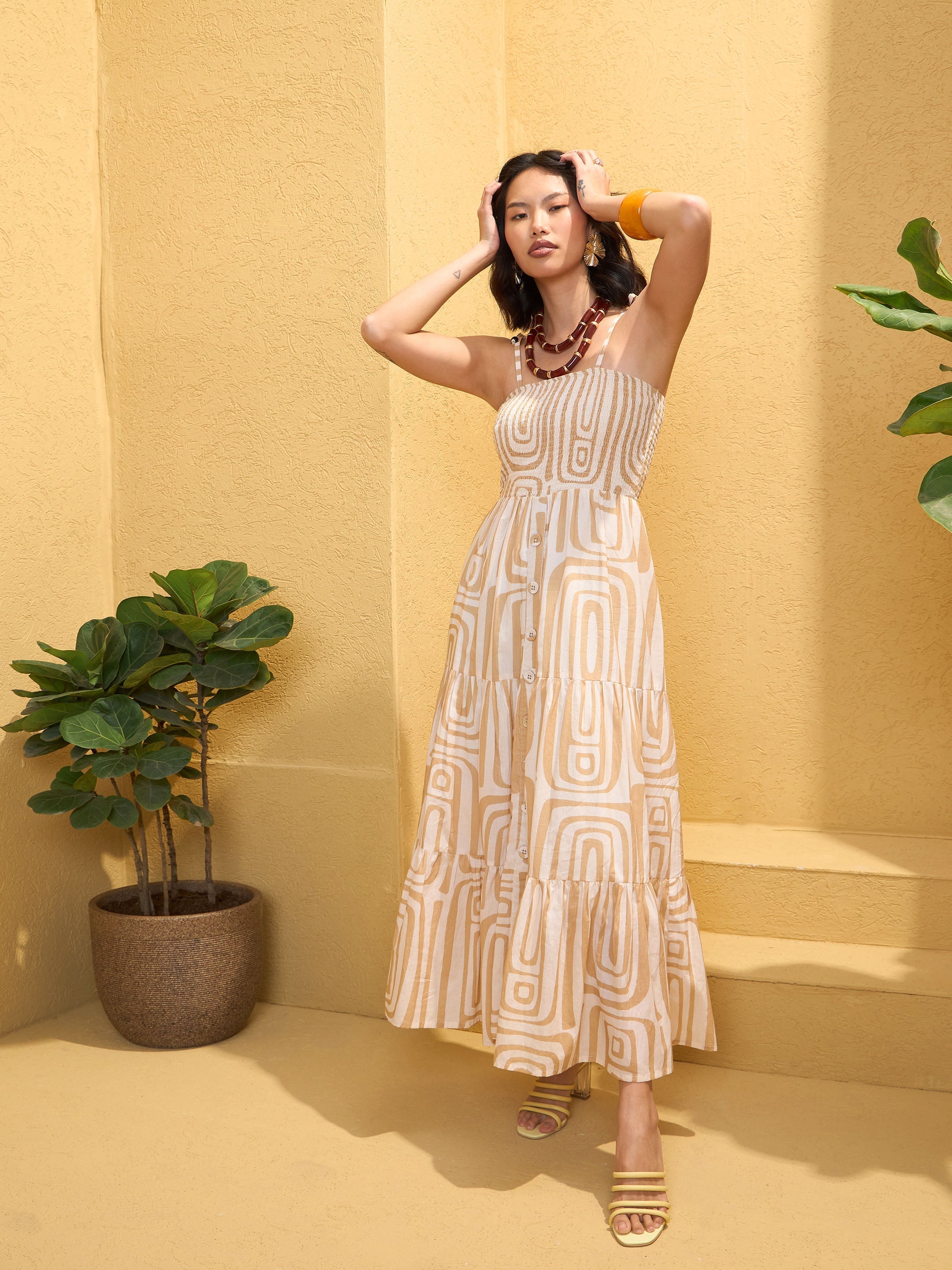 Women's Beige & White Smocked Strappy Maxi Dress-SASSAFRAS