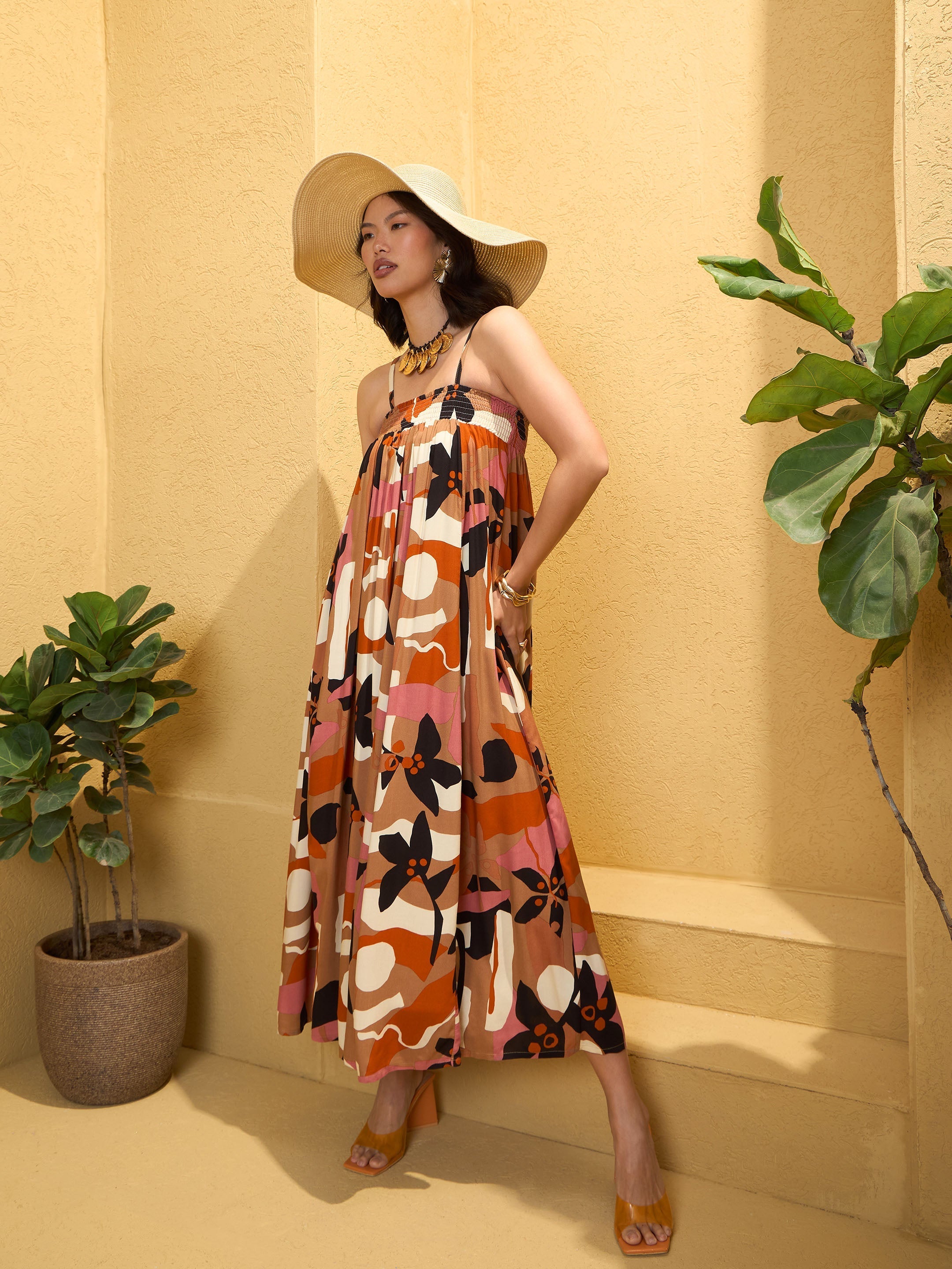 Women's Brown Multi Floral Strappy Maxi Dress-SASSAFRAS