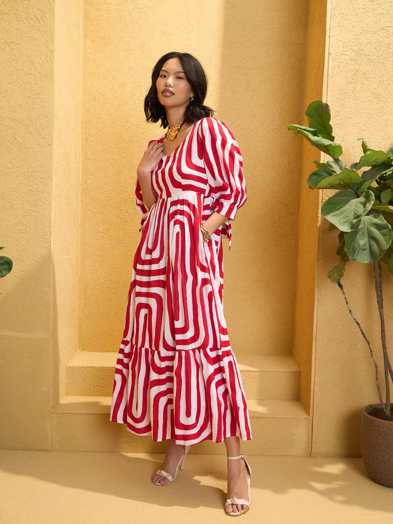Women's Red & White Back Cut-out Knot Maxi Dre