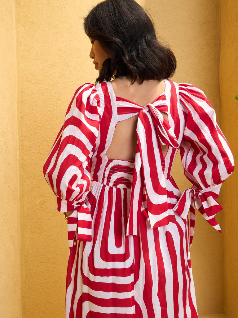 Women's Red & White Back Cut-out Knot Maxi Dre