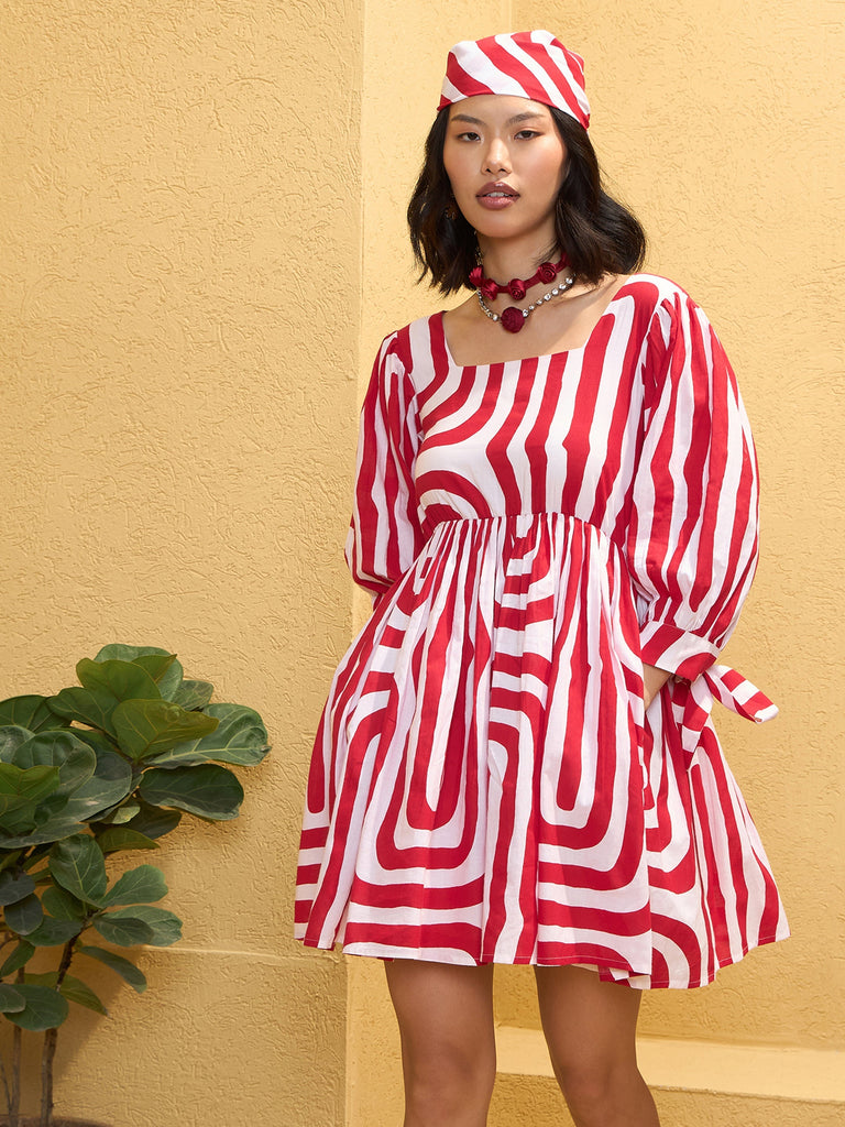 Women's Red & White Sleeves Knot Short Dre