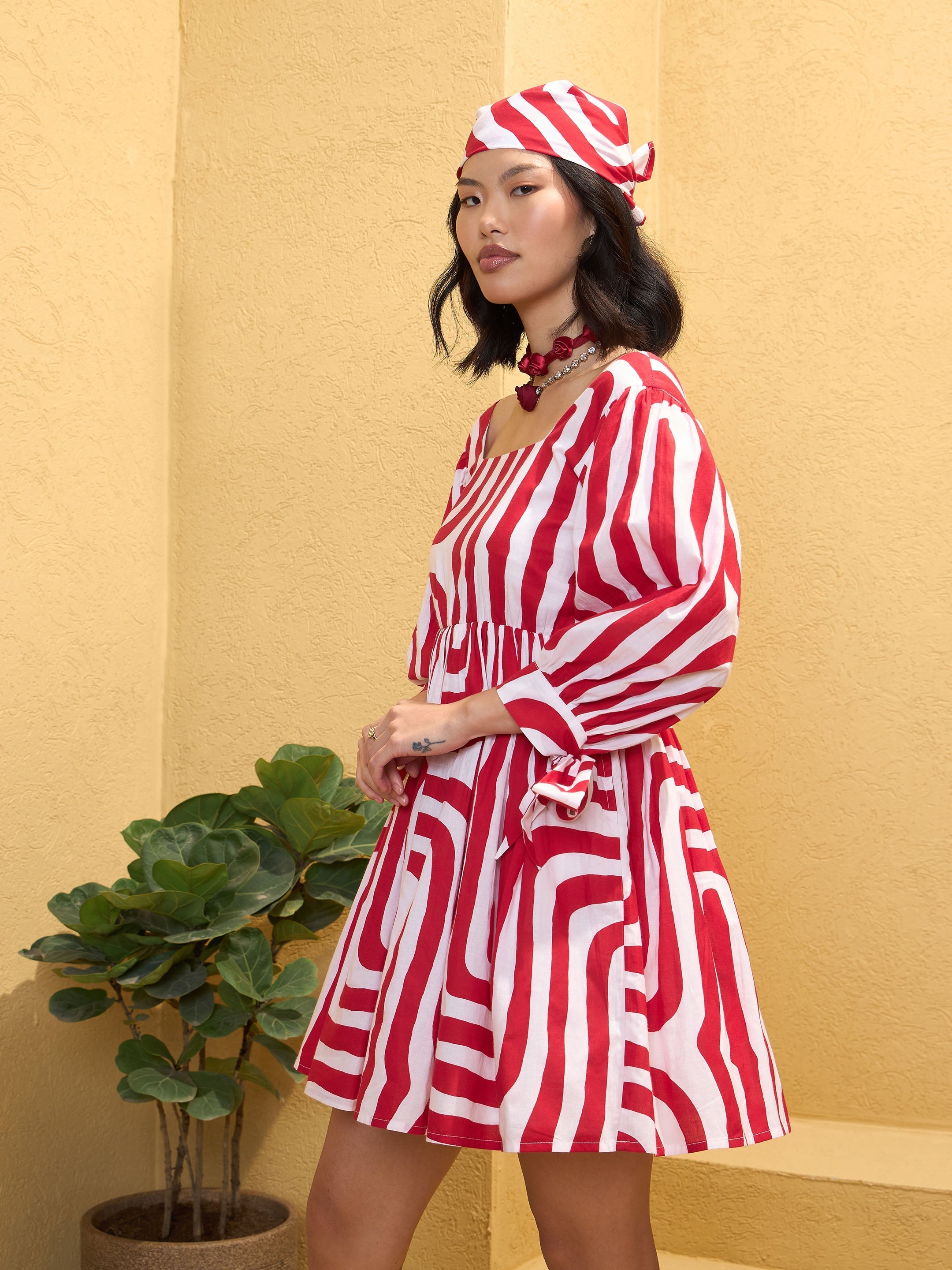 Women's Red & White Sleeves Knot Short Dress-SASSAFRAS