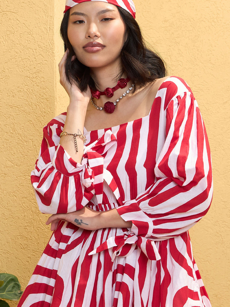 Women's Red & White Sleeves Knot Short Dre