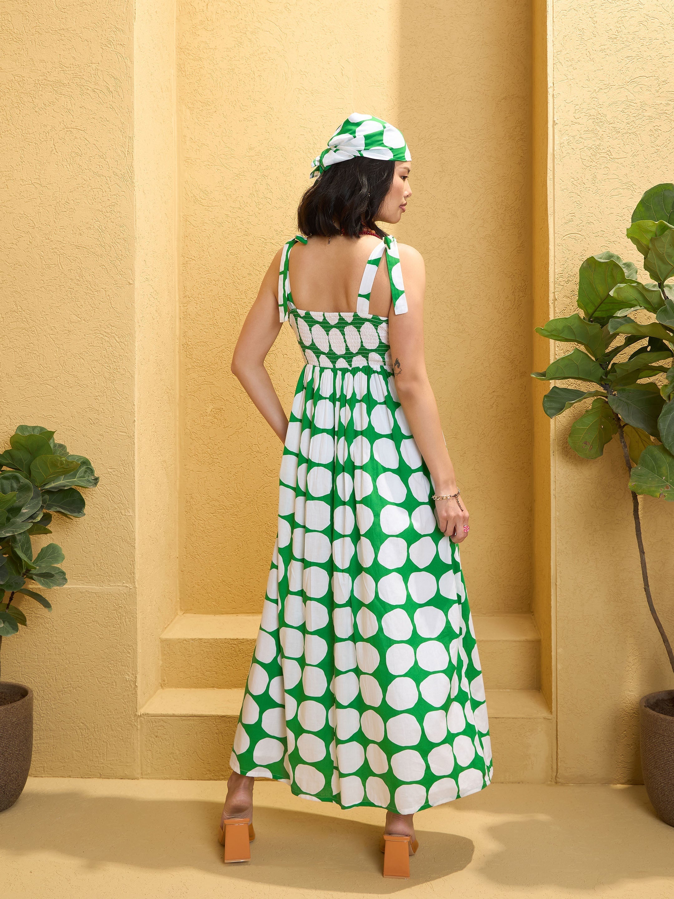 Women's Green Polka Dot Shoulder Knot Maxi Dress-SASSAFRAS