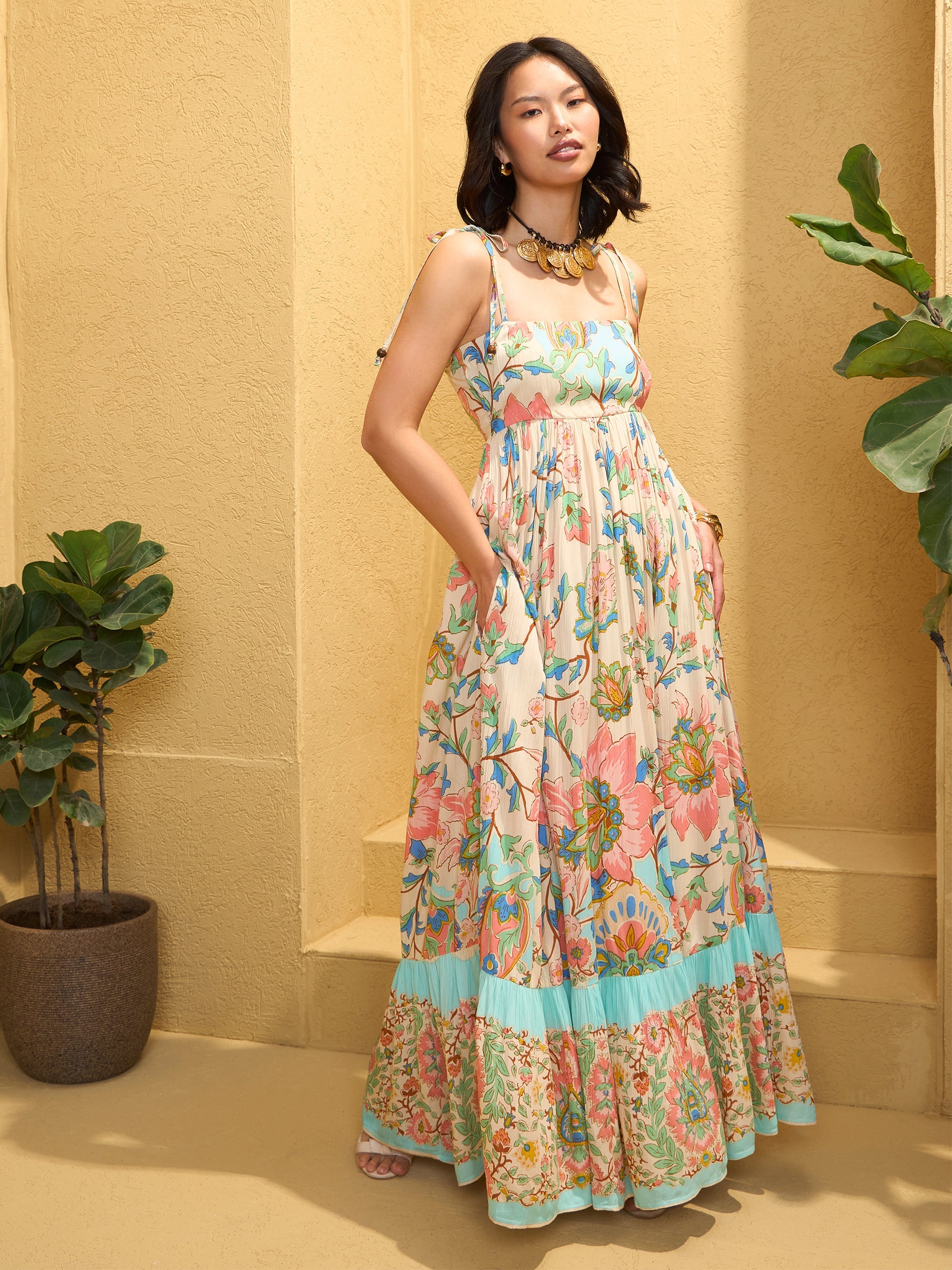 Women's Beige Floral Strappy Tie-up Maxi Dre