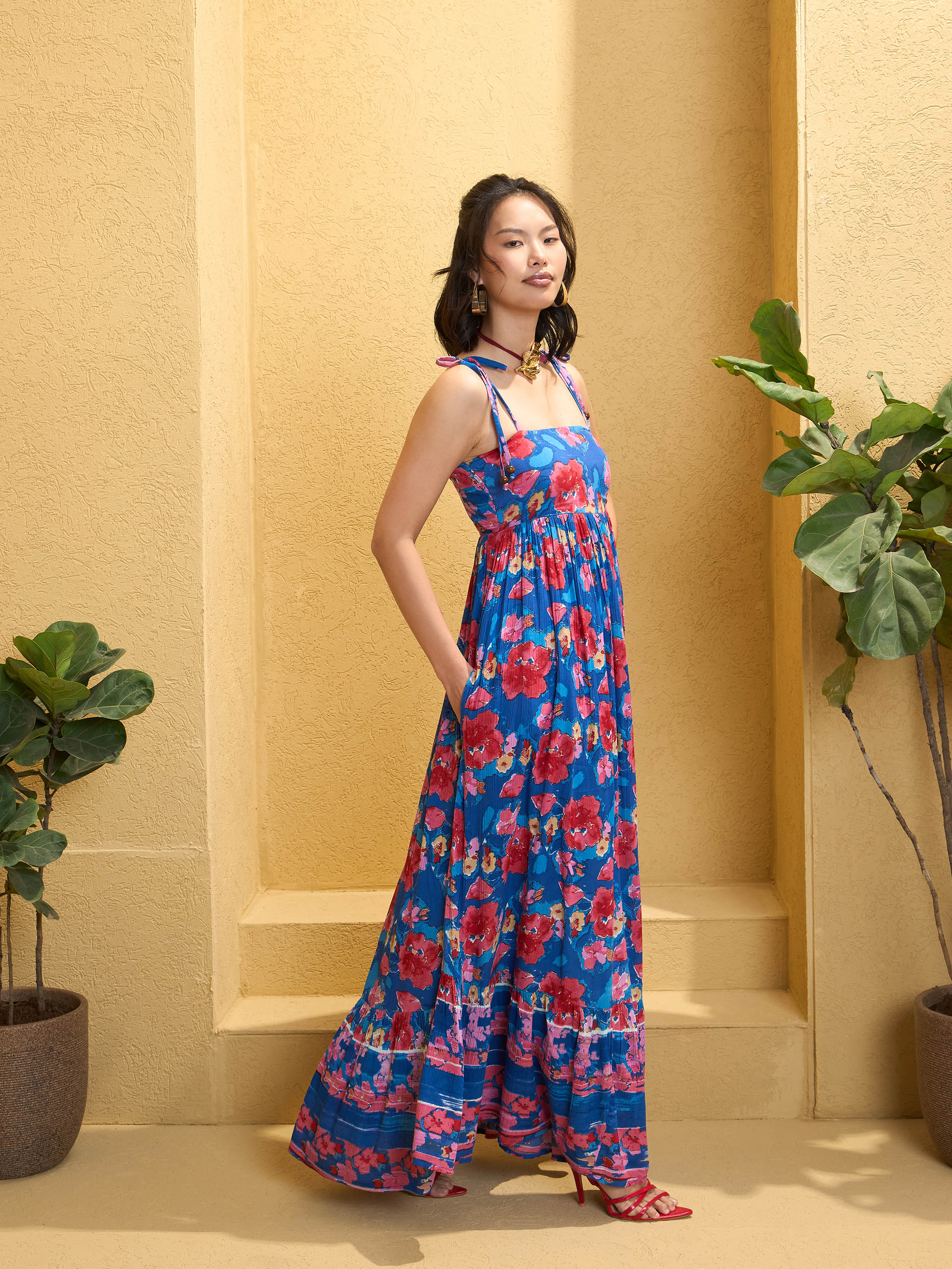 Women's Navy Blue Floral Strappy Tie-up Maxi Dress-SASSAFRAS