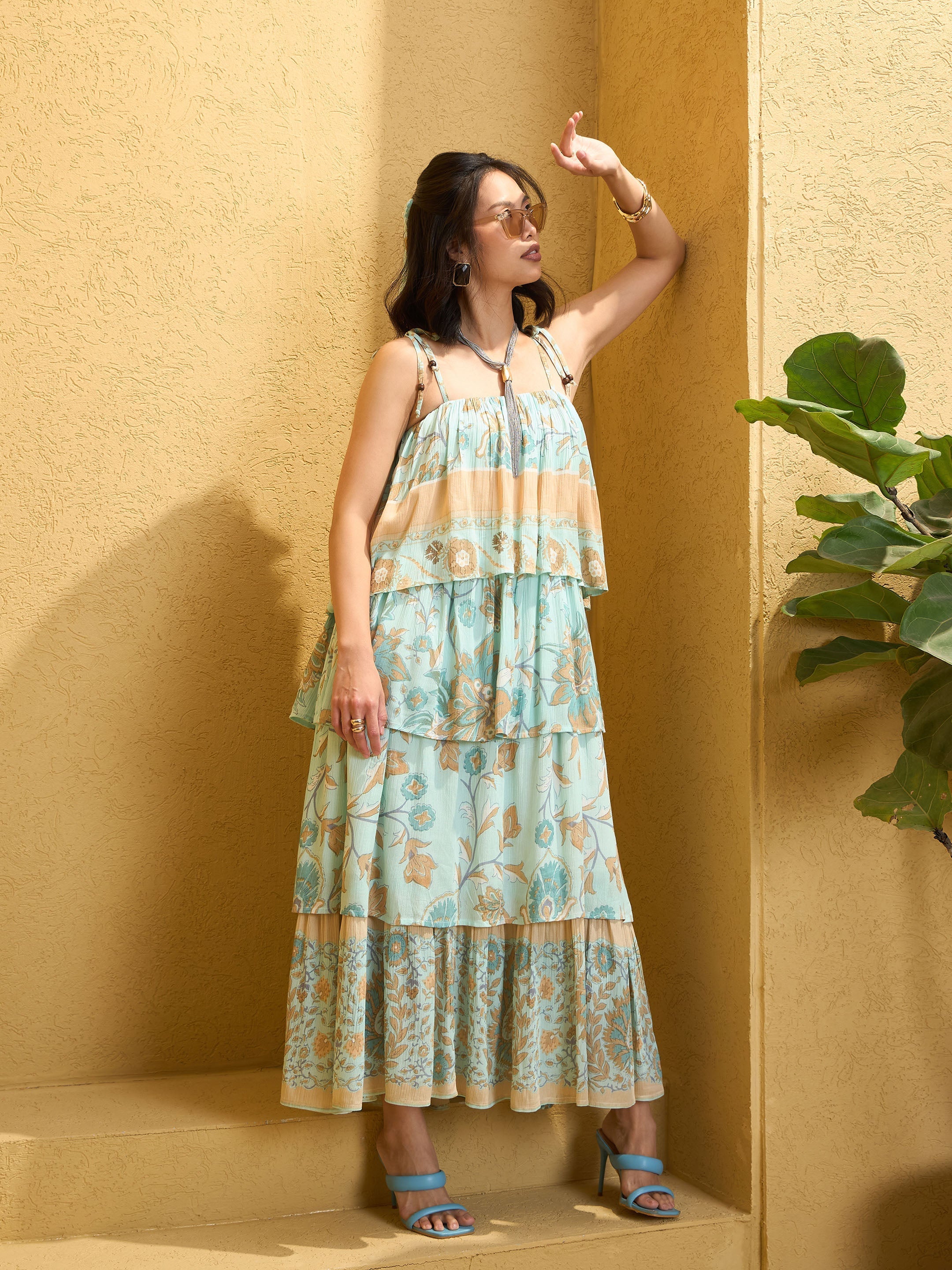 Women's Turquoise Blue Frill Strappy Tie-up Tiered Maxi Dress-SASSAFRAS