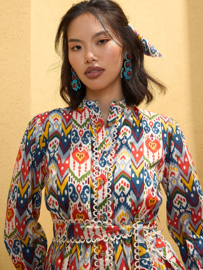 Women's White Multi Ikat Short Shirt Dre