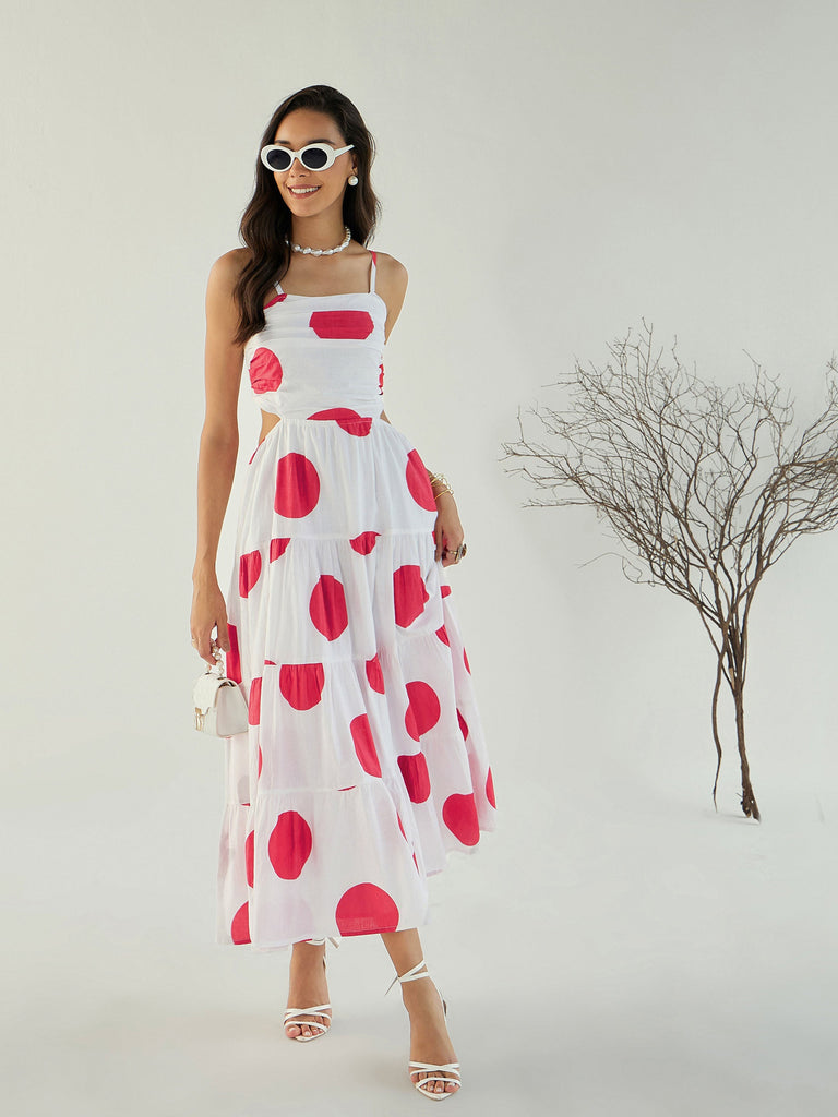 Women's White Strappy Back Cut-Out Polka Ma