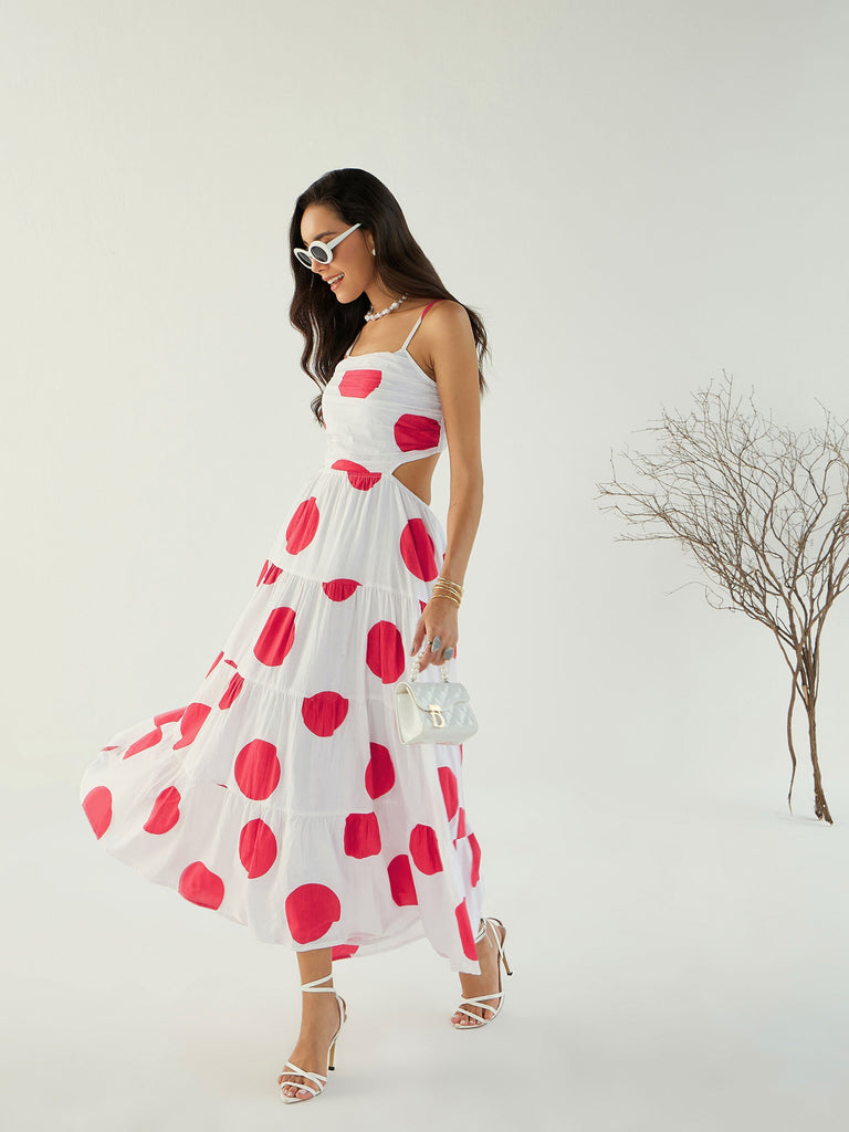 Women's White Strappy Back Cut-Out Polka Ma