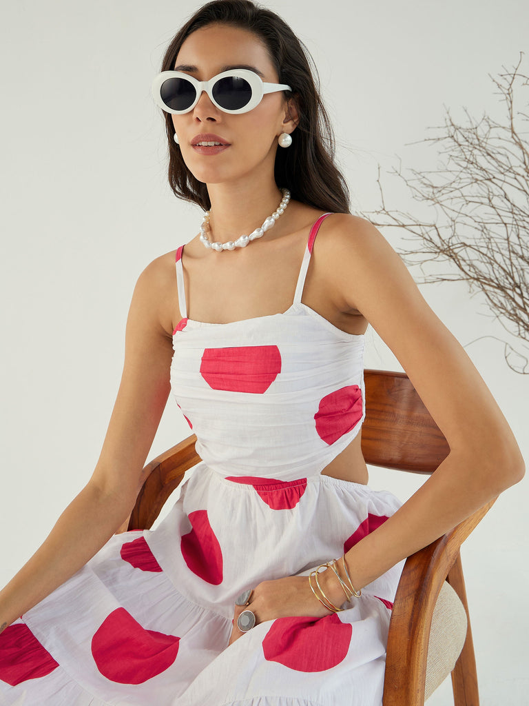 Women's White Strappy Back Cut-Out Polka Ma