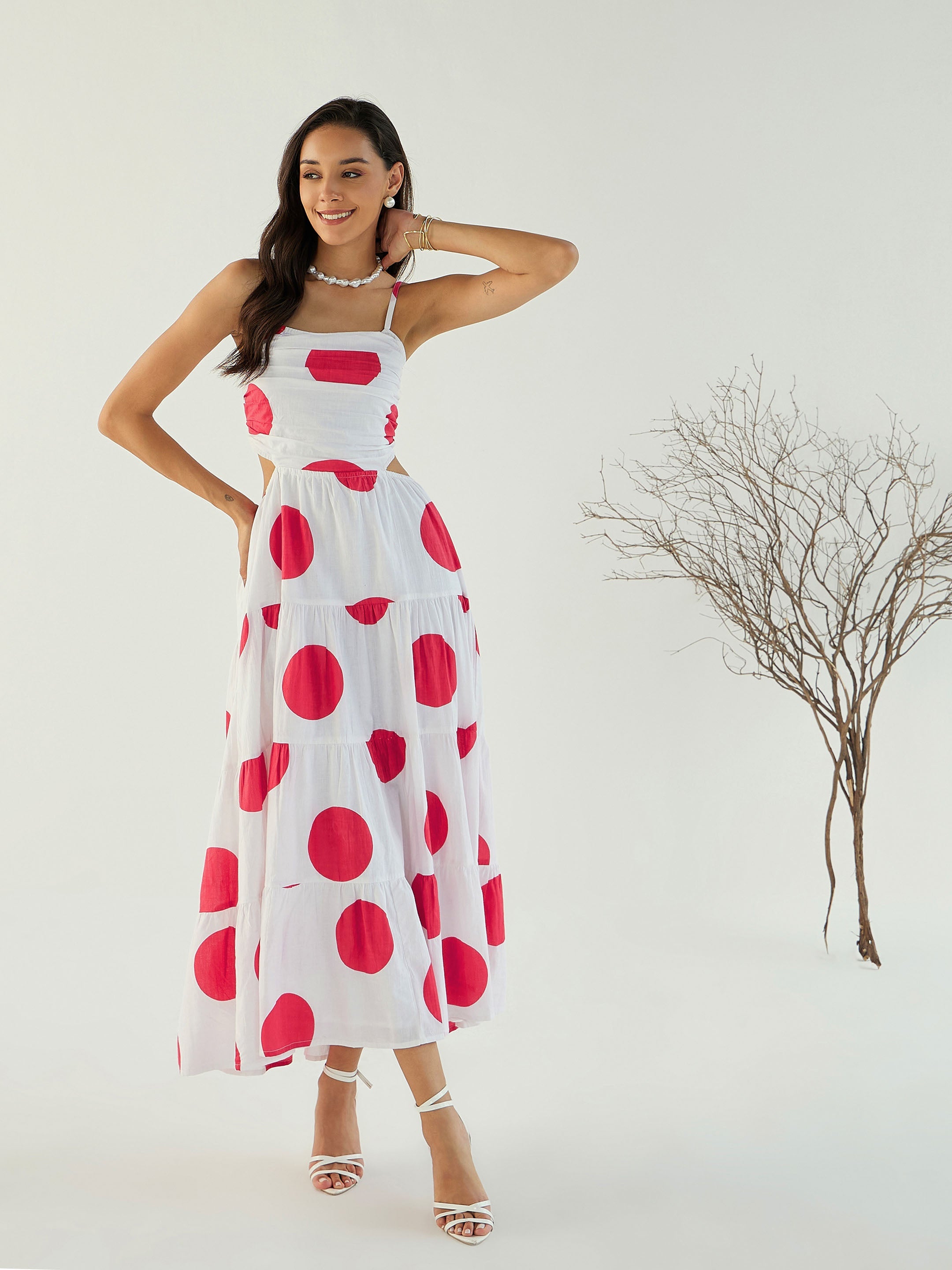 Women's White Strappy Back Cut-Out Polka Maxi-SASSAFRAS