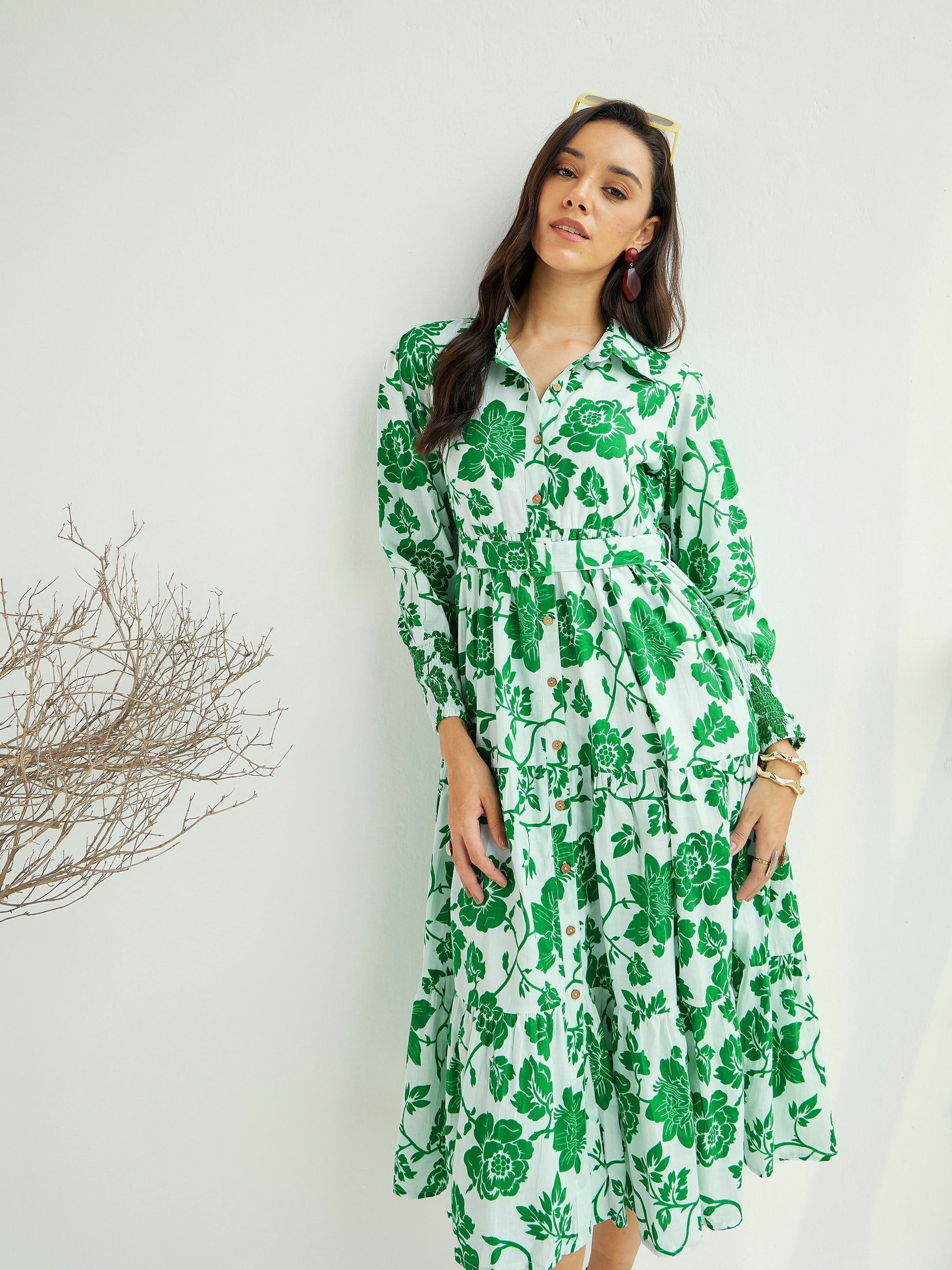 Women's White & Green Floral Front-Button Midi Dress-SASSAFRAS