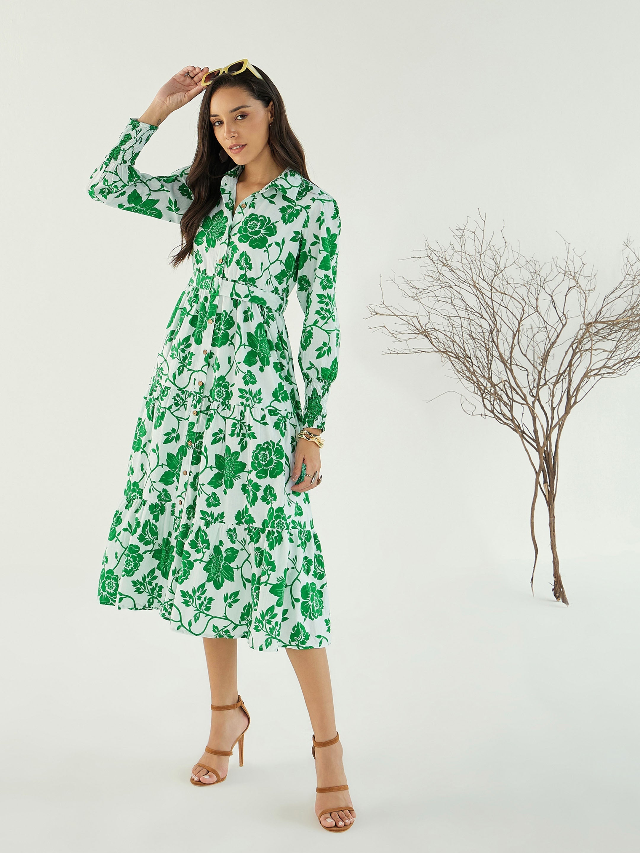 Women's White & Green Floral Front-Button Midi Dress-SASSAFRAS