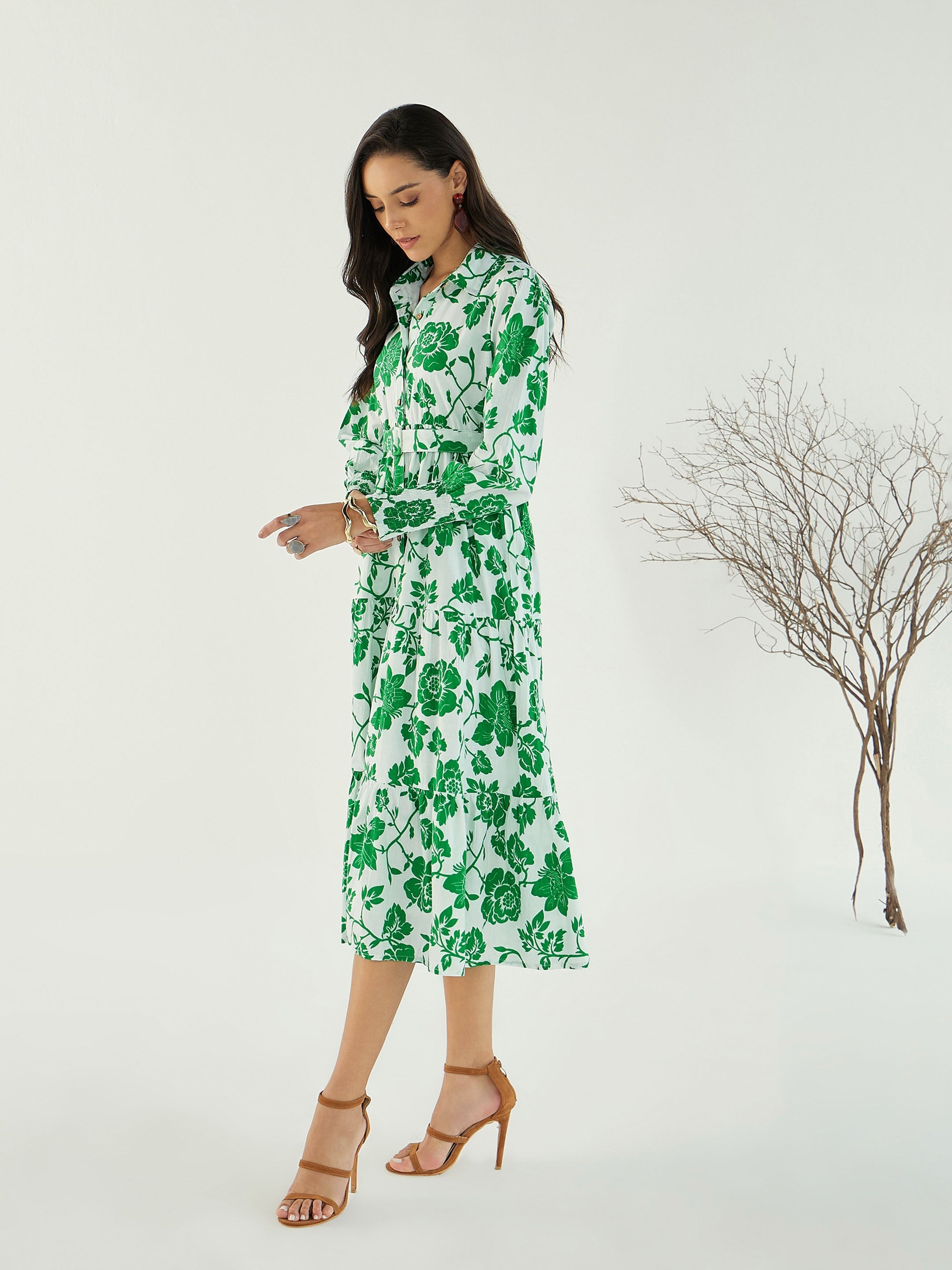 Women's White & Green Floral Front-Button Midi Dress-SASSAFRAS