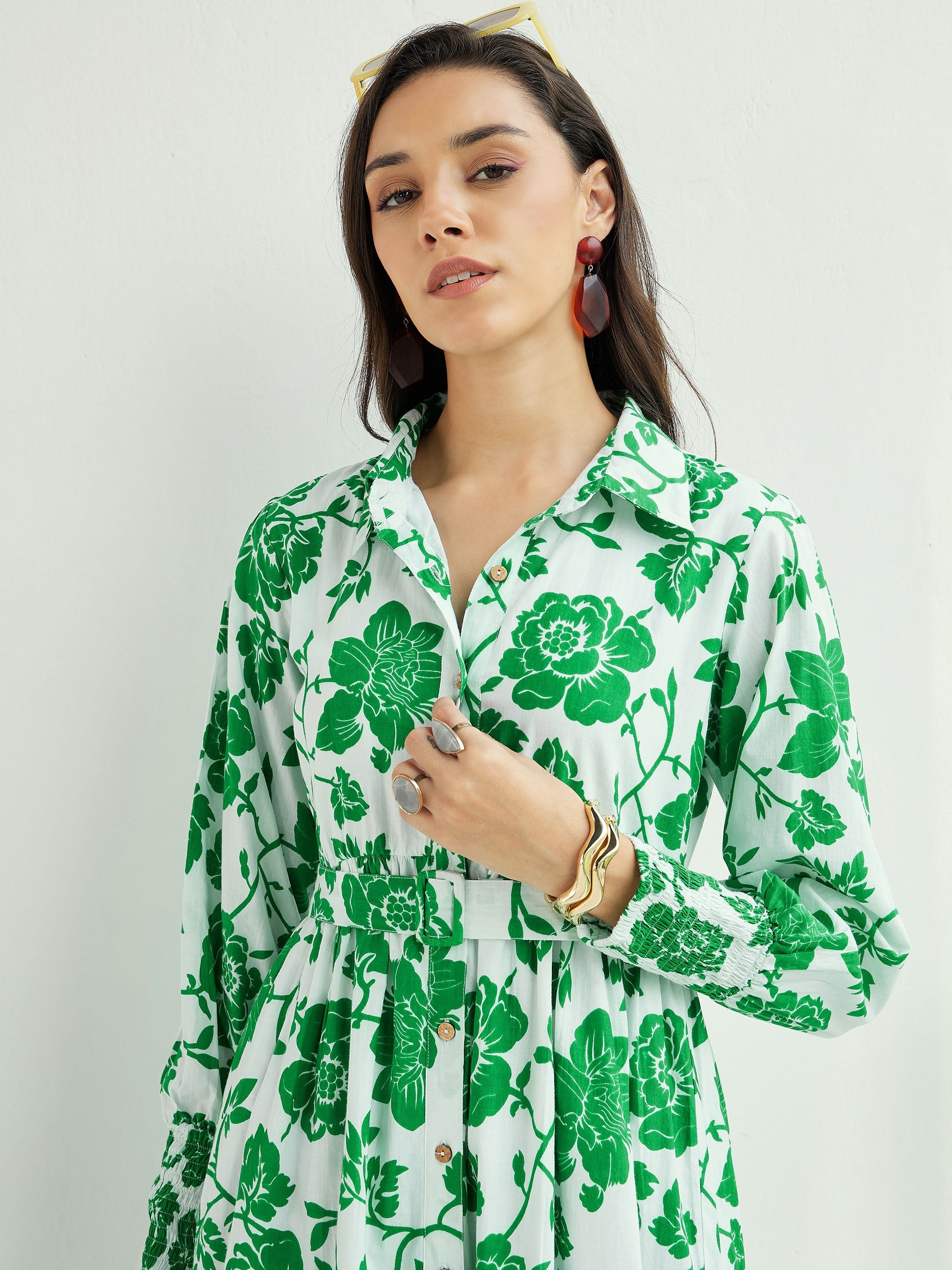 Women's White & Green Floral Front-Button Midi Dress-SASSAFRAS