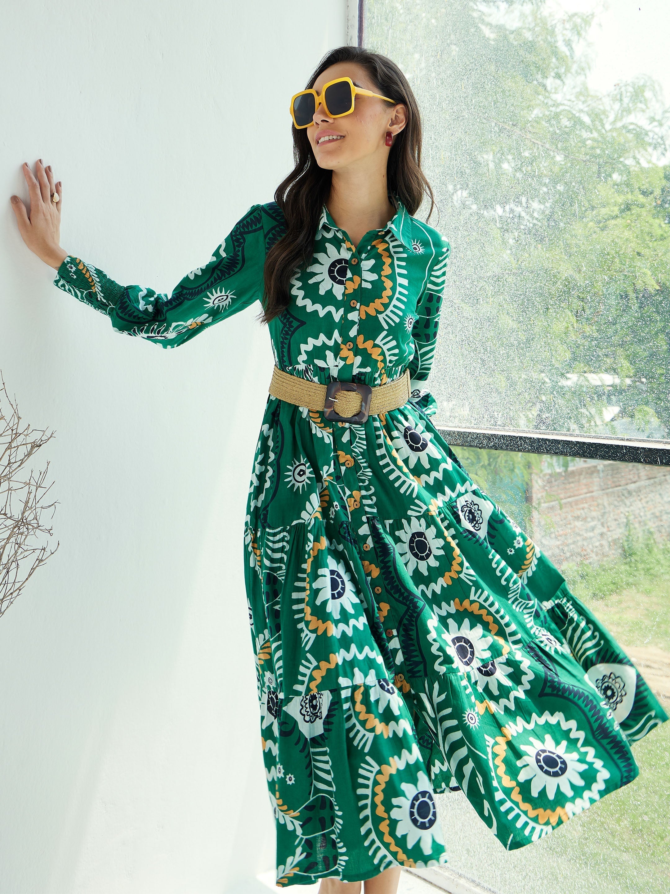 Women's Green Floral Front-Button Midi Dre