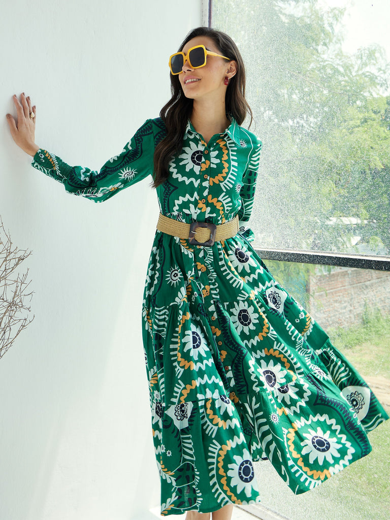 Women's Green Floral Front-Button Midi Dre