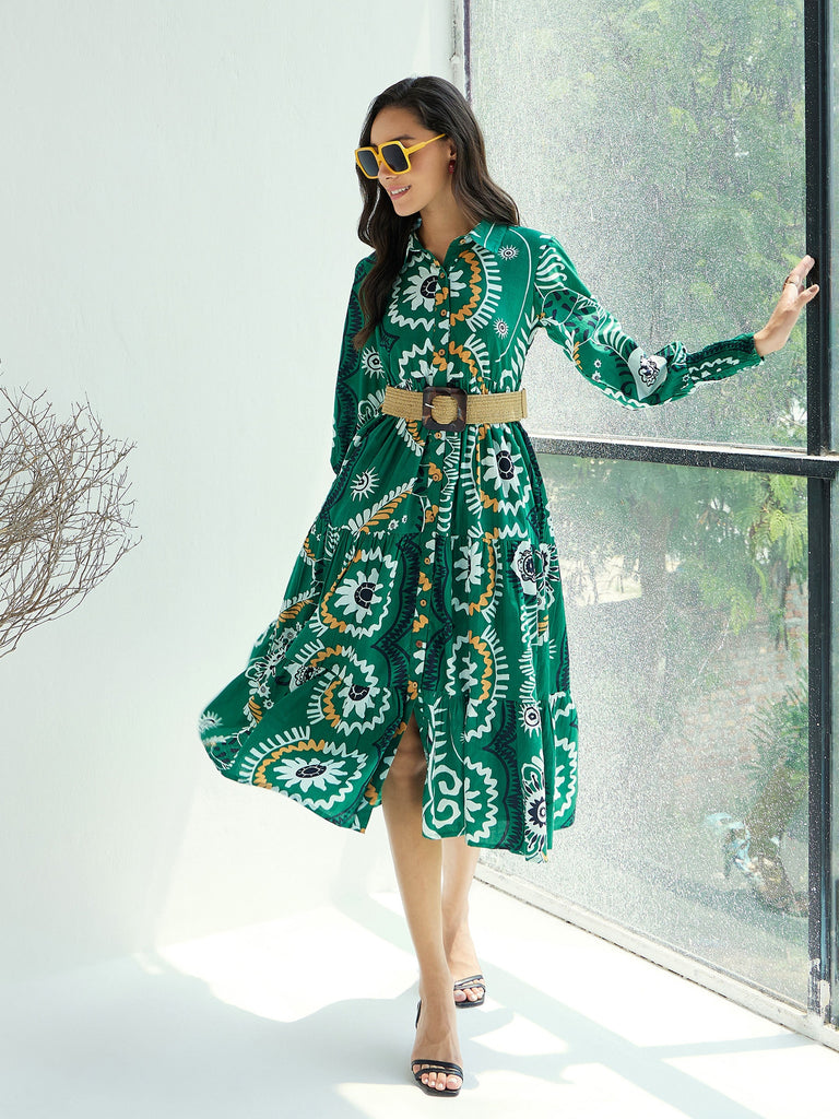Women's Green Floral Front-Button Midi Dre