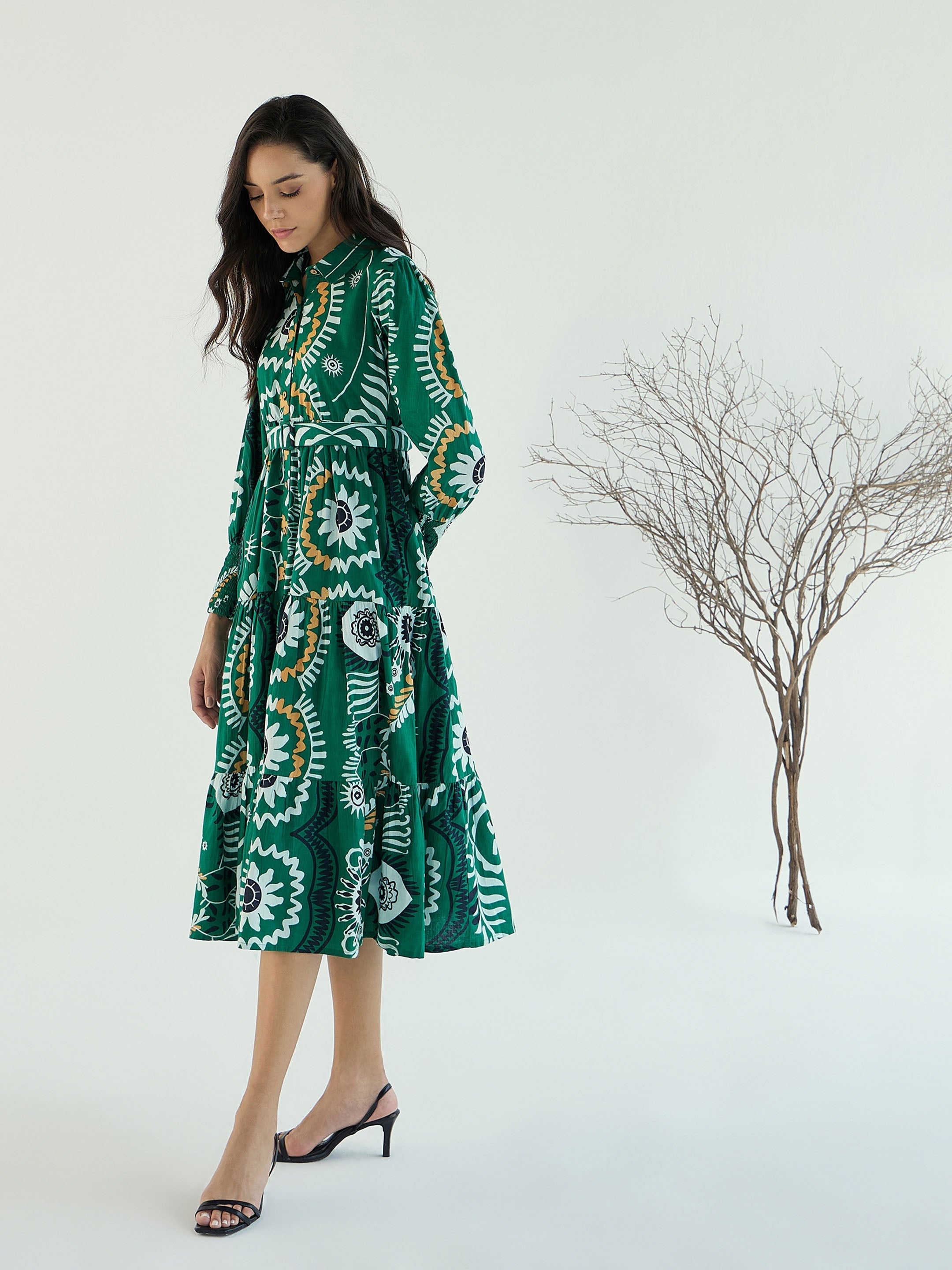 Women's Green Floral Front-Button Midi Dress-SASSAFRAS