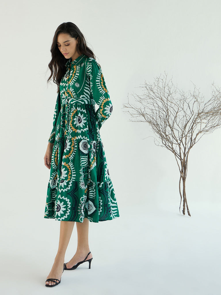 Women's Green Floral Front-Button Midi Dre
