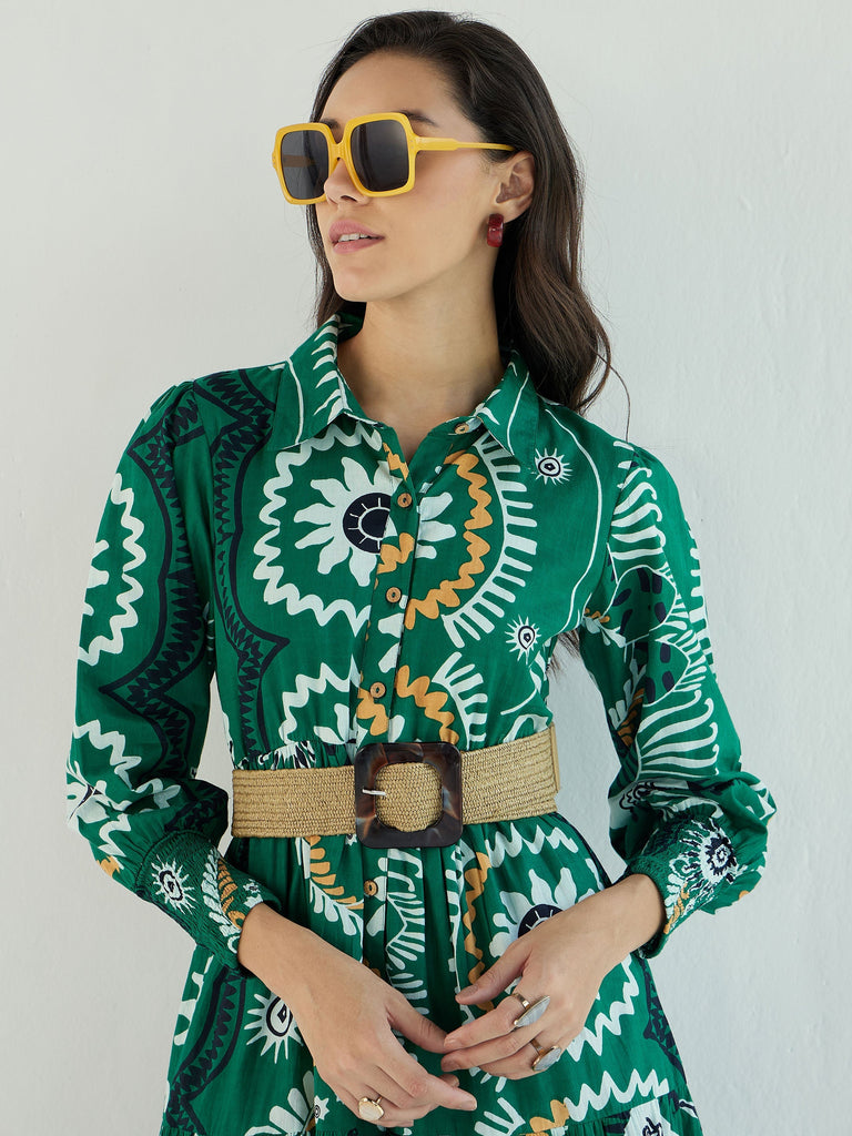 Women's Green Floral Front-Button Midi Dre