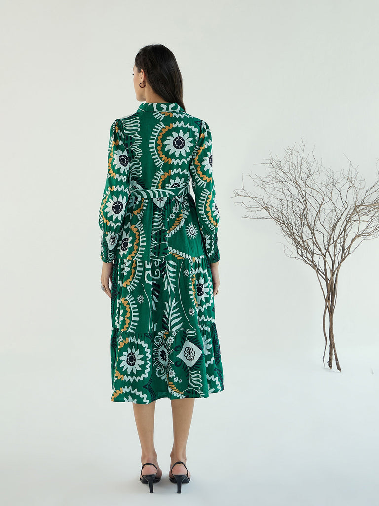 Women's Green Floral Front-Button Midi Dre