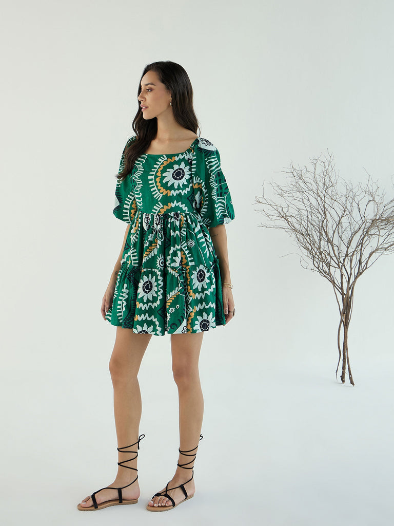 Women's Green Floral Square-Neck Short Dre