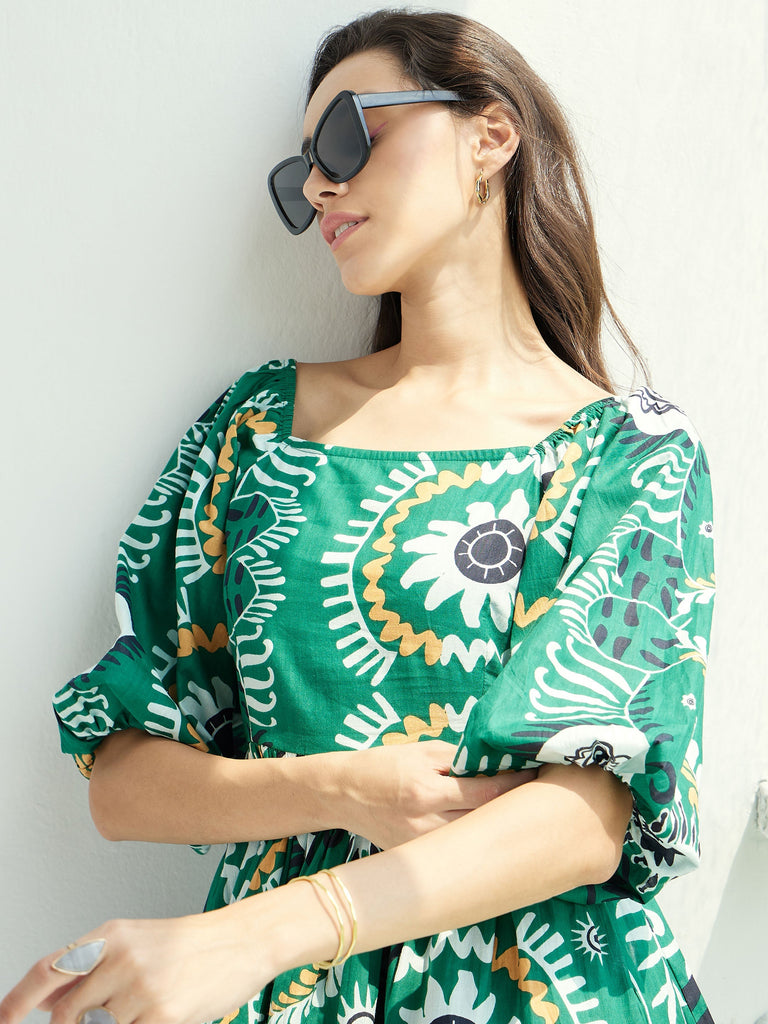 Women's Green Floral Square-Neck Short Dre