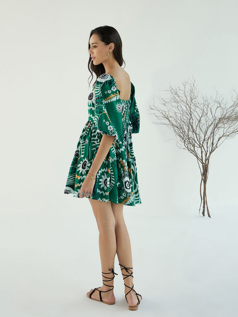 Women's Green Floral Square-Neck Short Dre