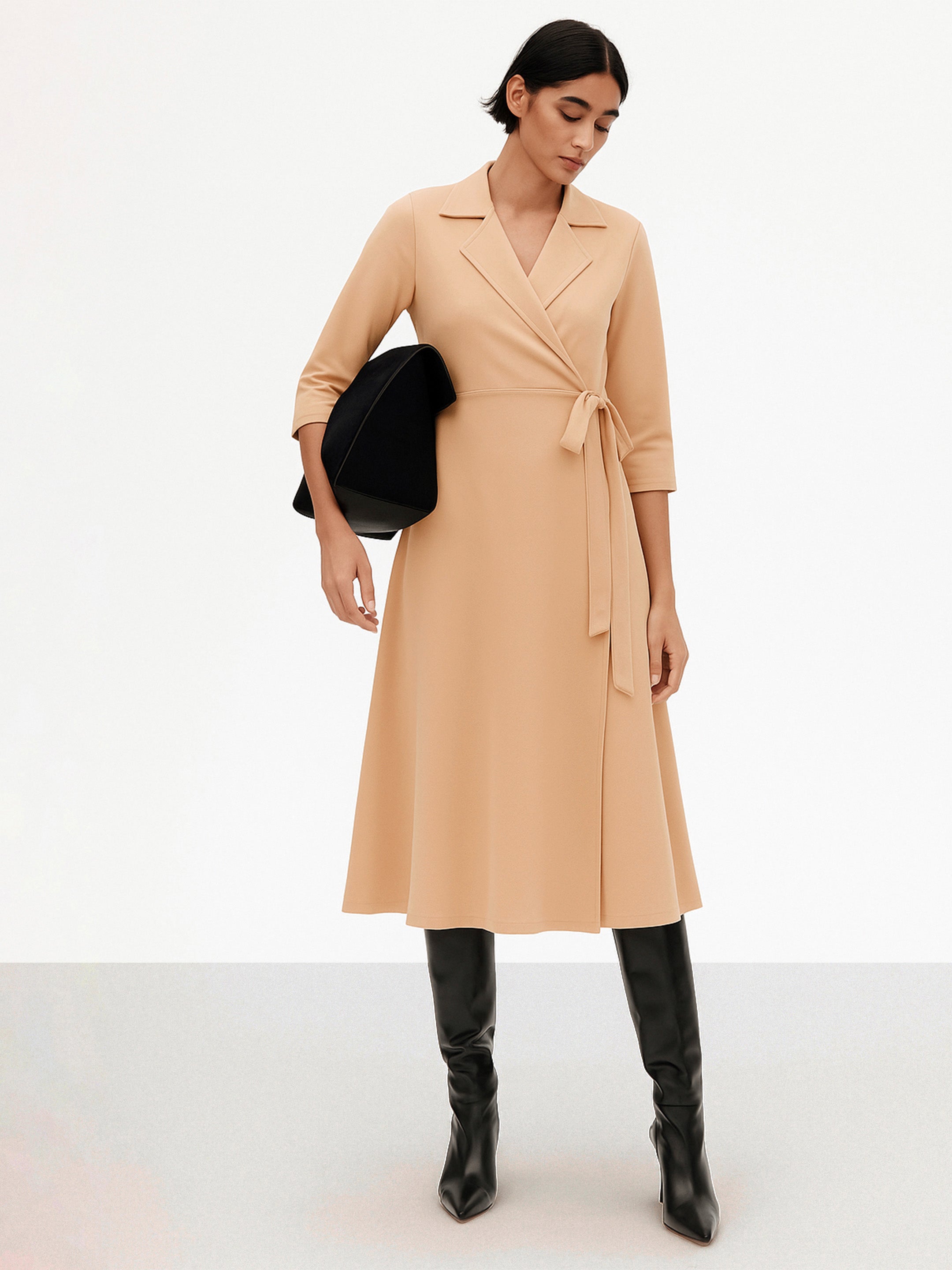 Women's Beige Notch Collar Wrap Midi Dress