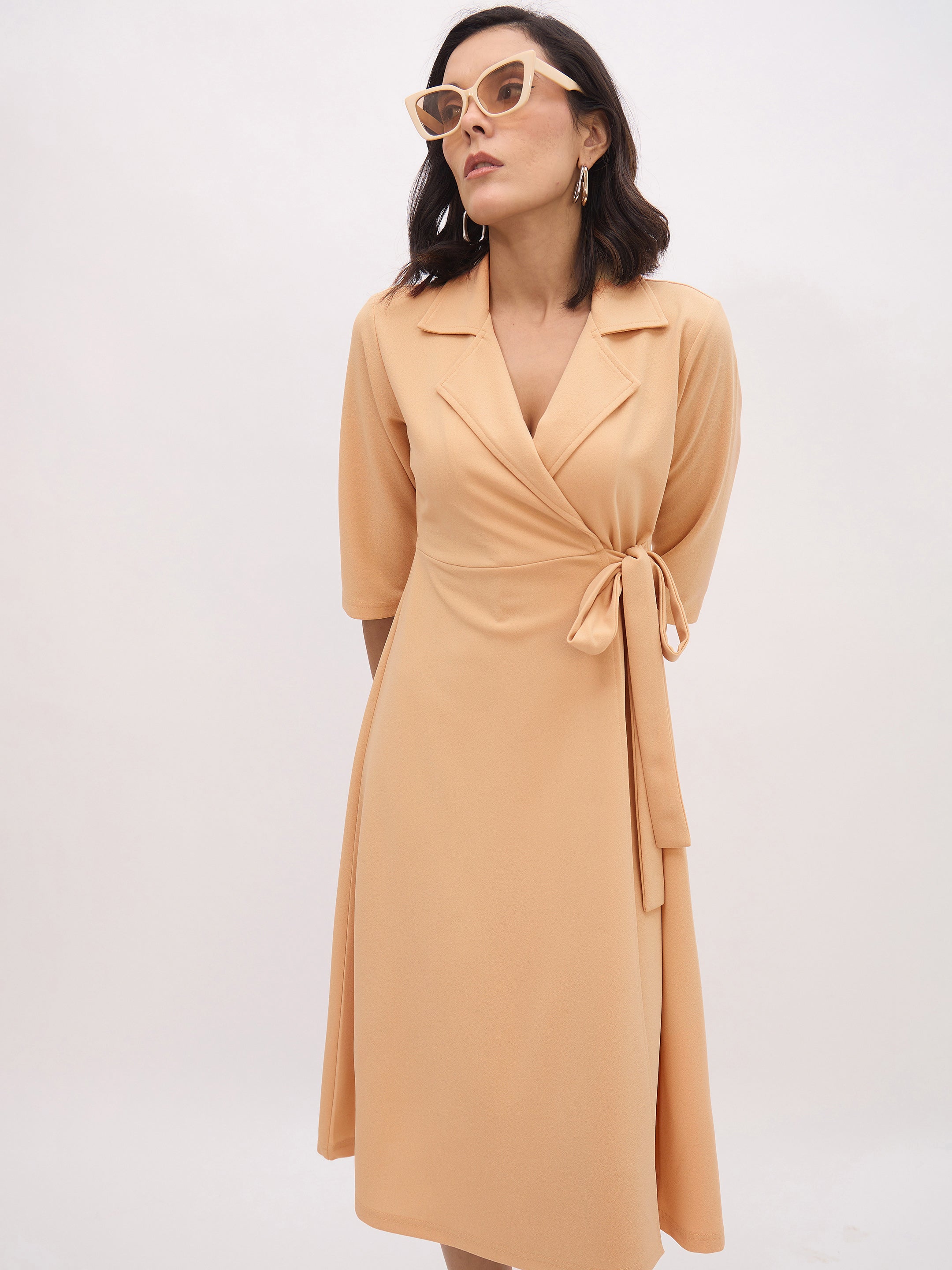 Women's Beige Notch Collar Wrap Midi Dress
