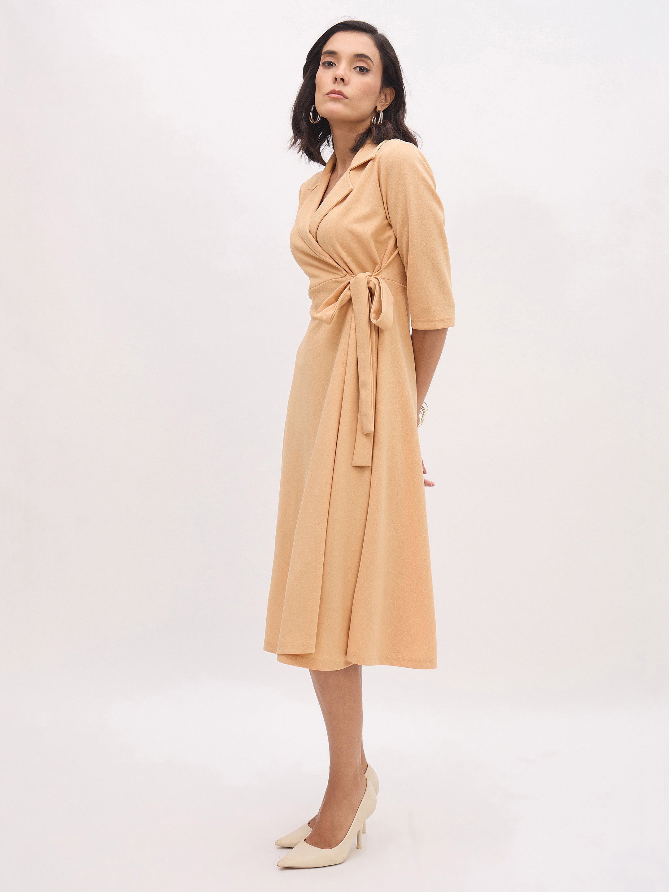 Women's Beige Notch Collar Wrap Midi Dress