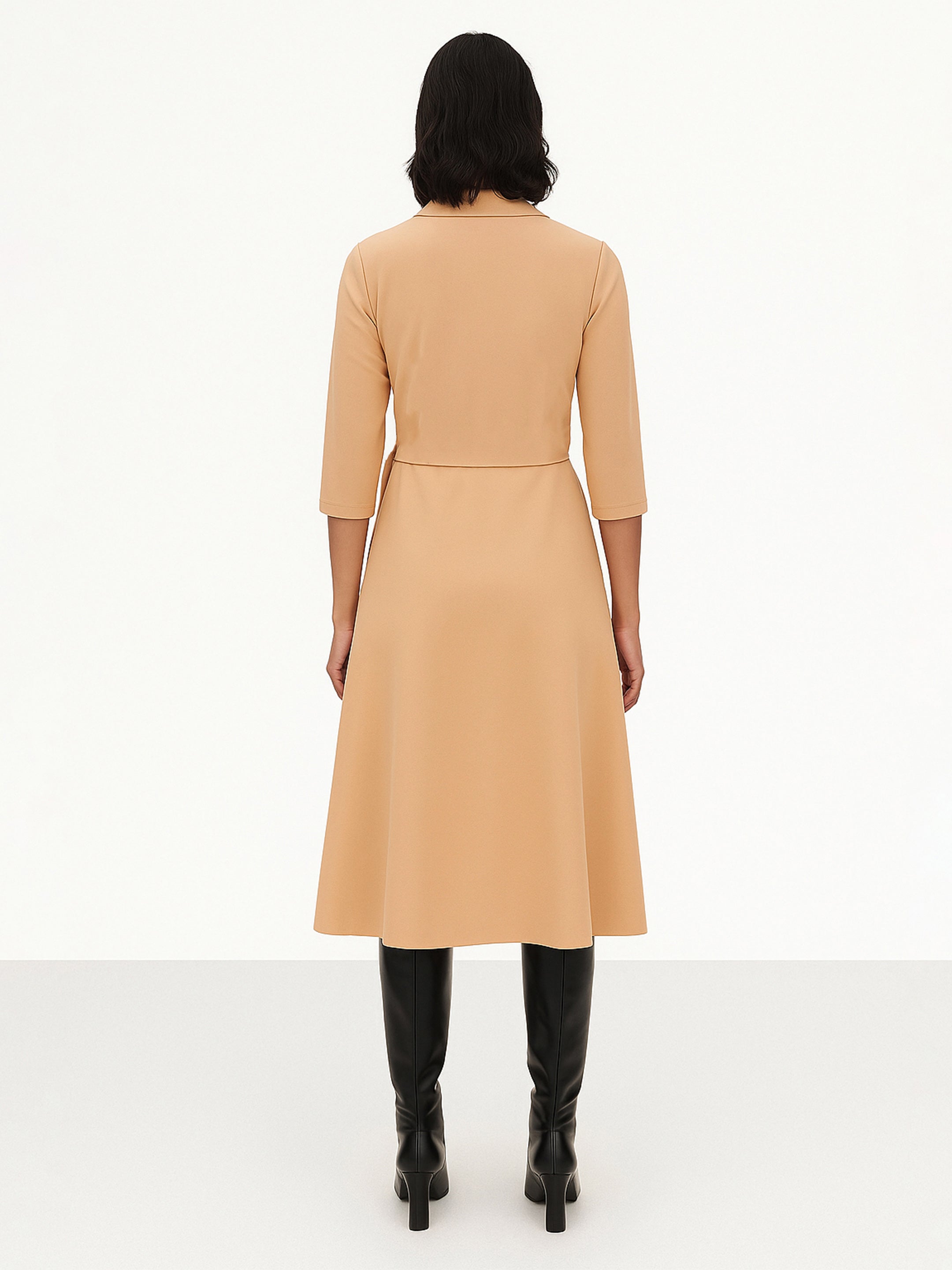 Women's Beige Notch Collar Wrap Midi Dress