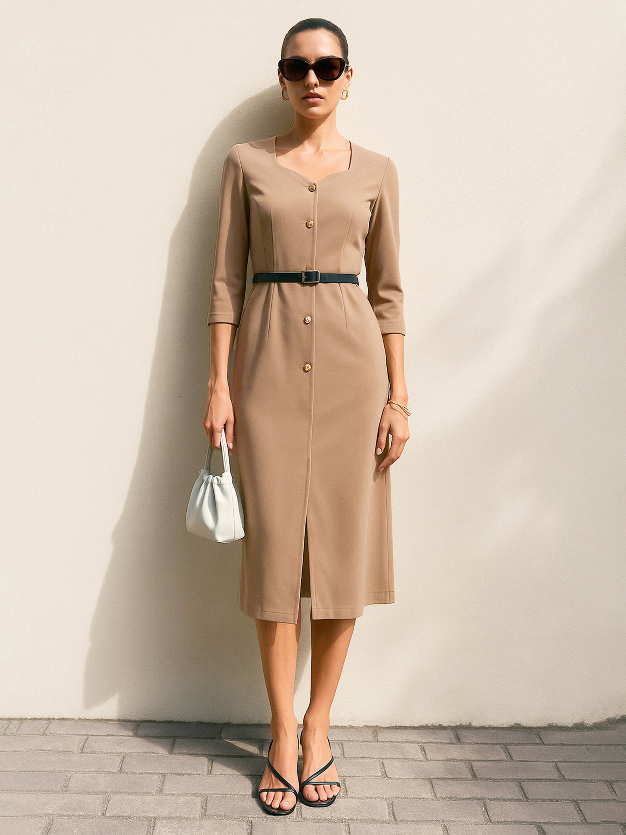Women's Beige Sweetheart Neck Midi Dress With PU Belt