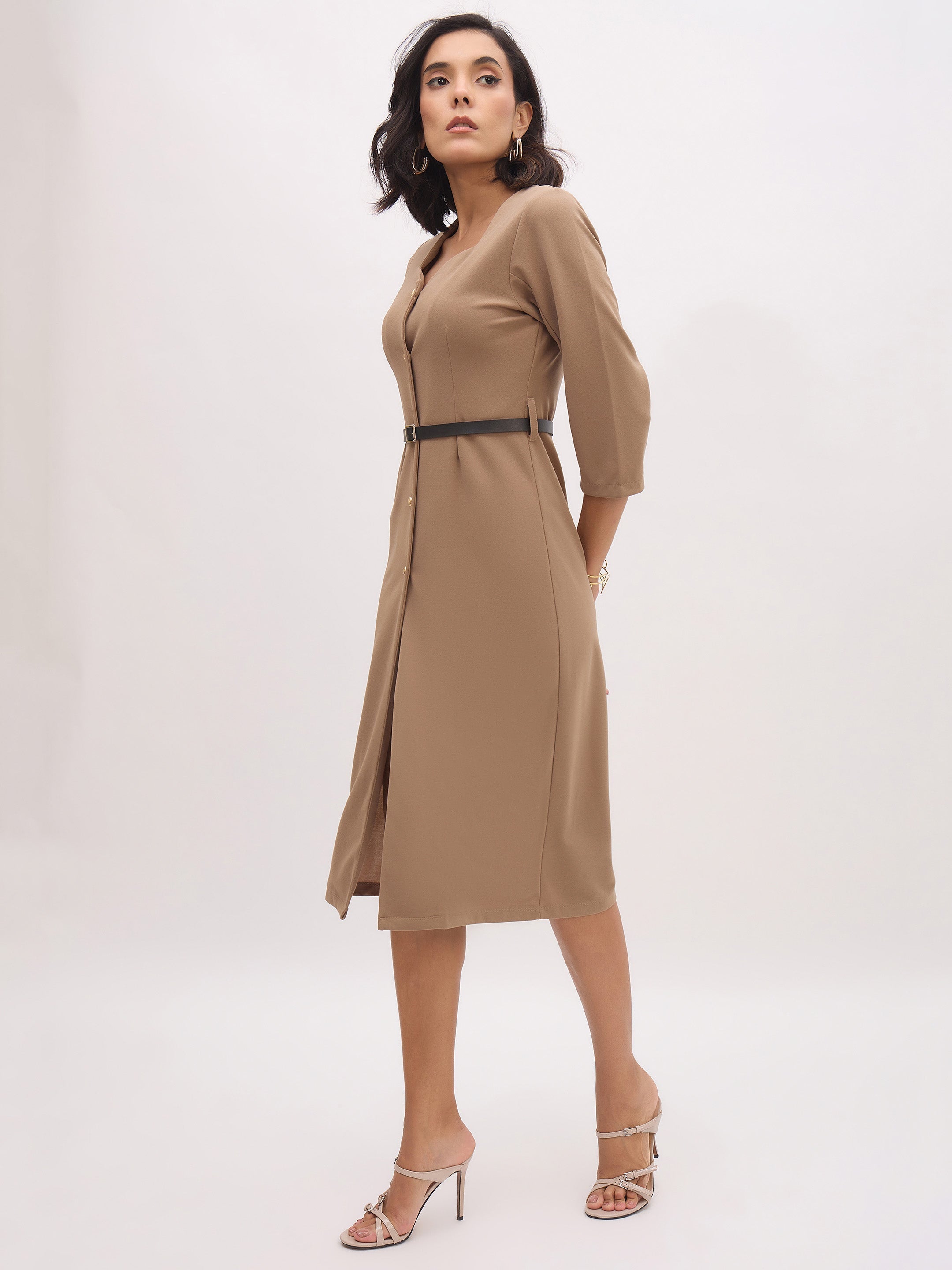 Women's Beige Sweetheart Neck Midi Dress With PU Belt