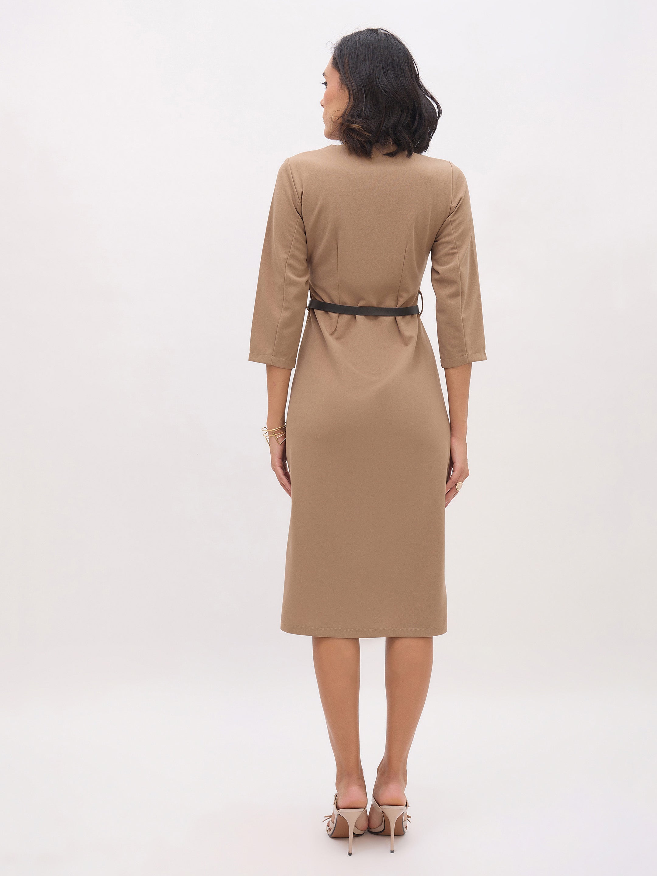 Women's Beige Sweetheart Neck Midi Dress With PU Belt