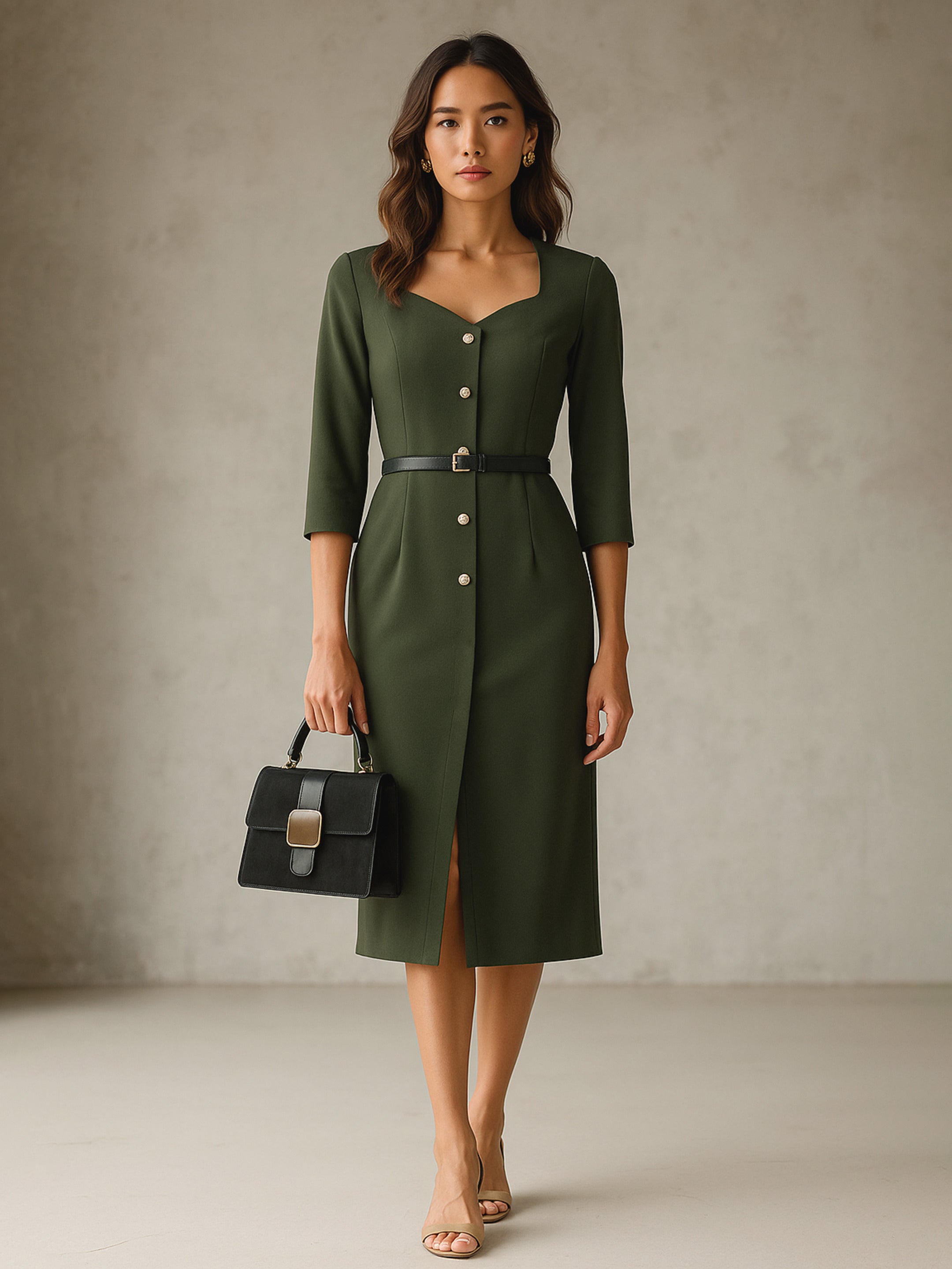 Women's Olive Sweetheart Neck Midi Dress With PU Belt