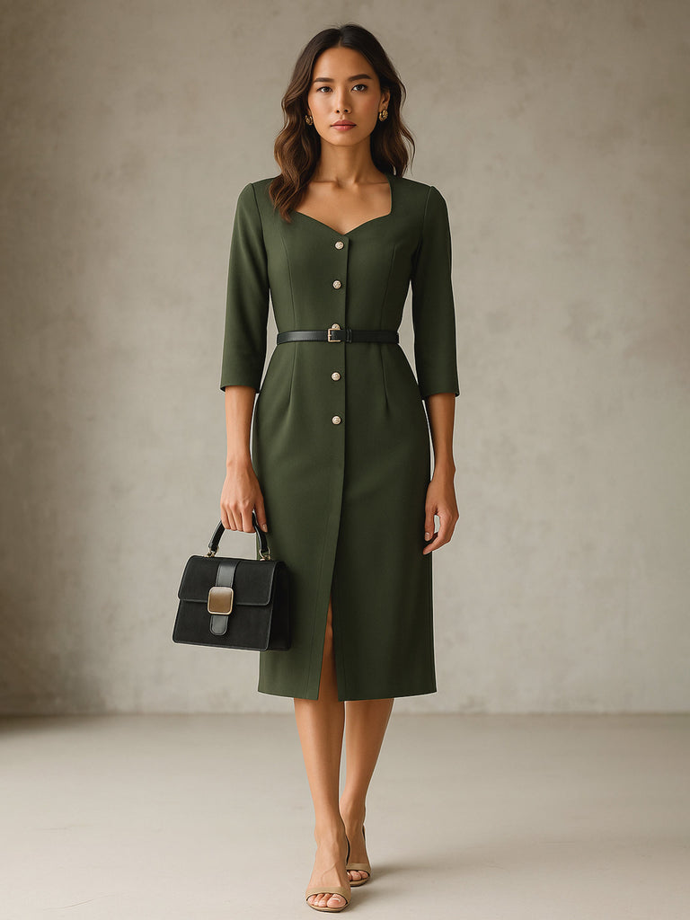 Women's Olive Sweetheart Neck Midi Dress With PU Belt