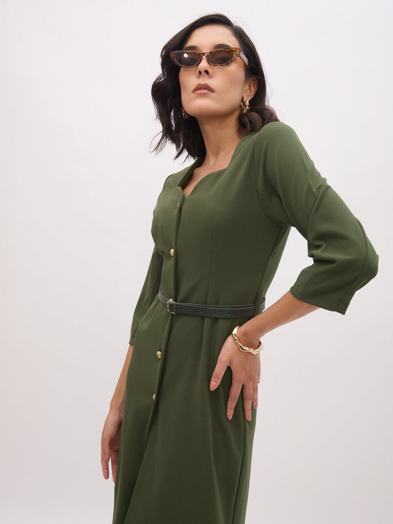 Women's Olive Sweetheart Neck Midi Dress With PU Belt