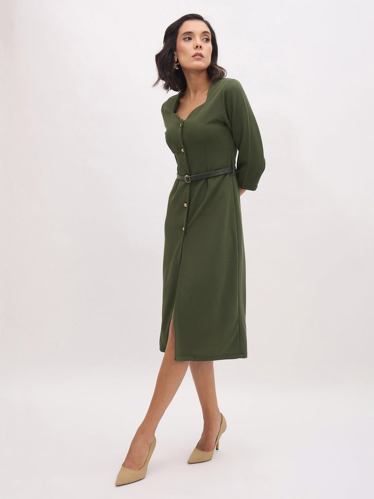 Women's Olive Sweetheart Neck Midi Dress With PU Belt