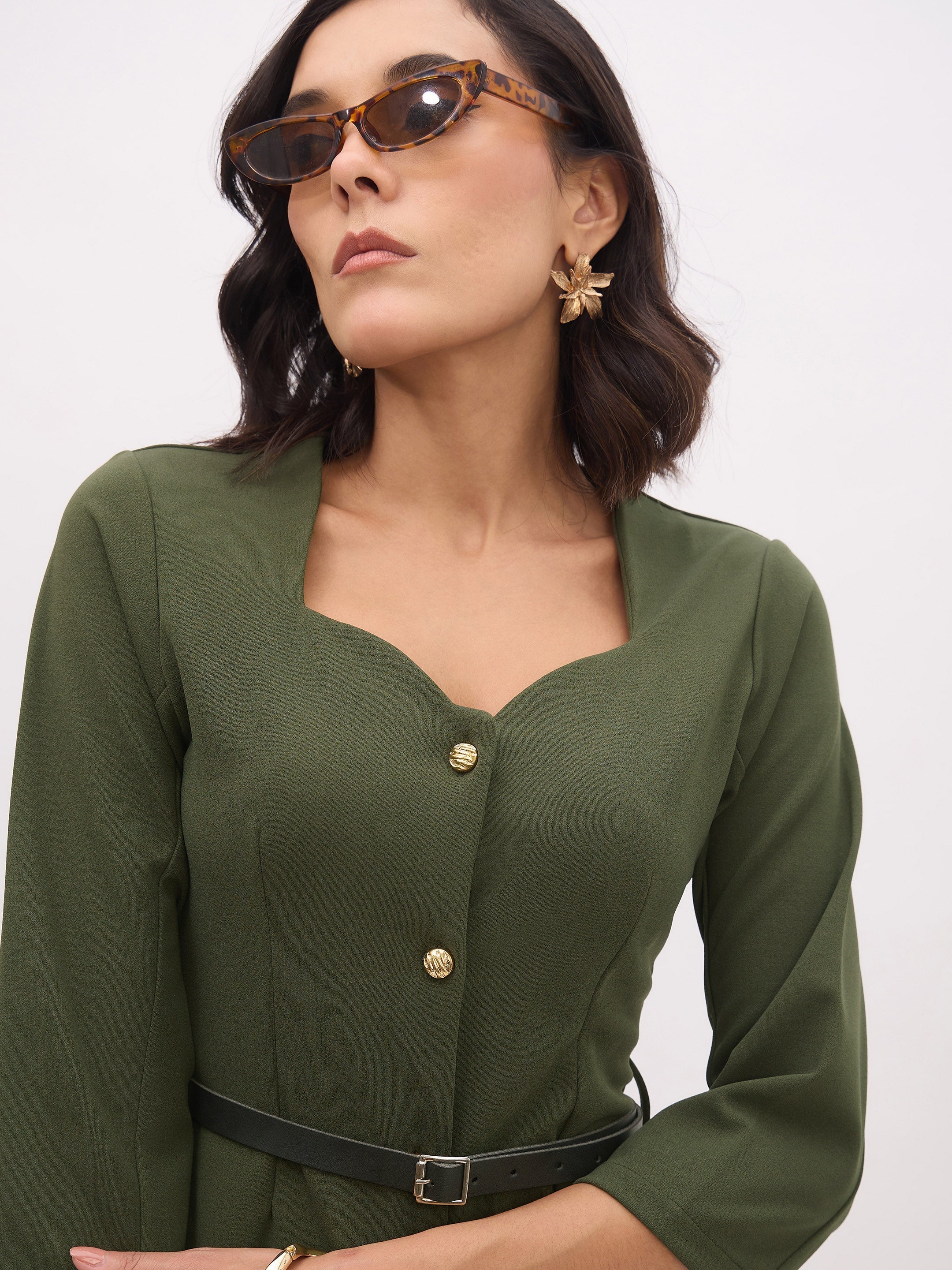 Women's Olive Sweetheart Neck Midi Dress With PU Belt