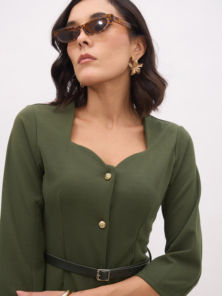 Women's Olive Sweetheart Neck Midi Dress With PU Belt